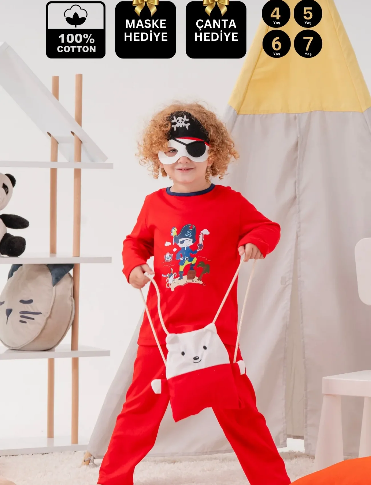 4-7 Yaş Korsan Çanta Ve Maskeli Erkek Çocuk Pijama Takımı Kırmızı