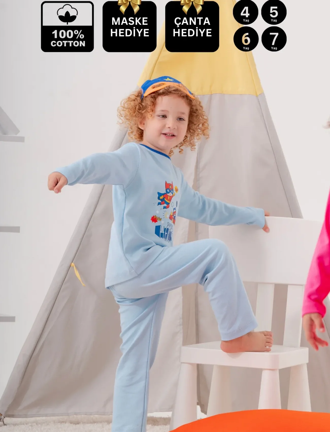 4-7 Yaş Süper Heros Çanta Ve Maskeli Erkek Çocuk Pijama Takımı Mavi
