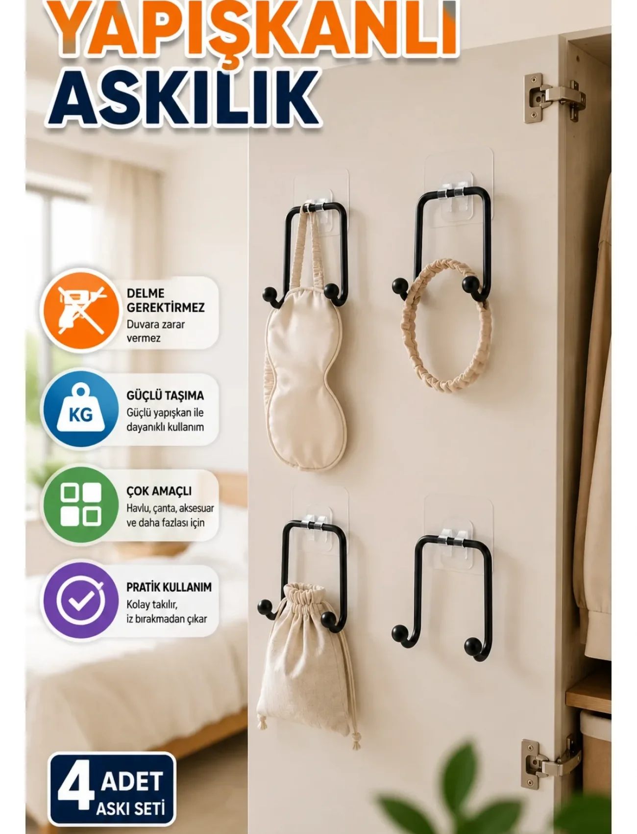 4 Adet Çok Amaçlı Yapışkanlı Askılık Ev Düzenleyici Duvar Askı Seti