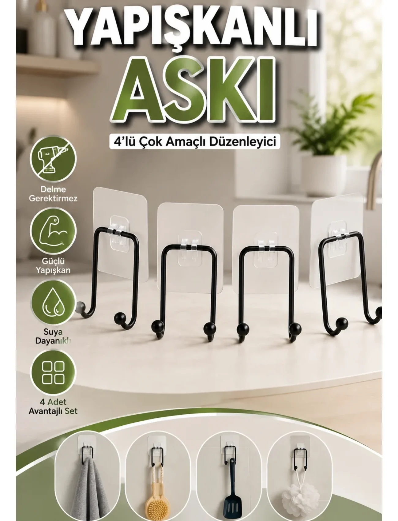 4 Adet Yapışkanlı Askı Çok Amaçlı Mutfak Banyo Düzenleyici Askılık