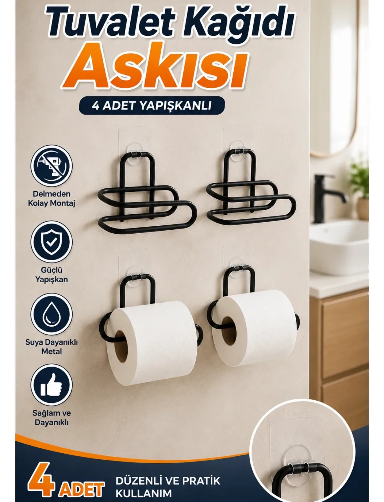 4 Adet Yapışkanlı Tuvalet Kağıdı Askısı Siyah Metal Delmeden Duvara Monte WC Kağıtlık