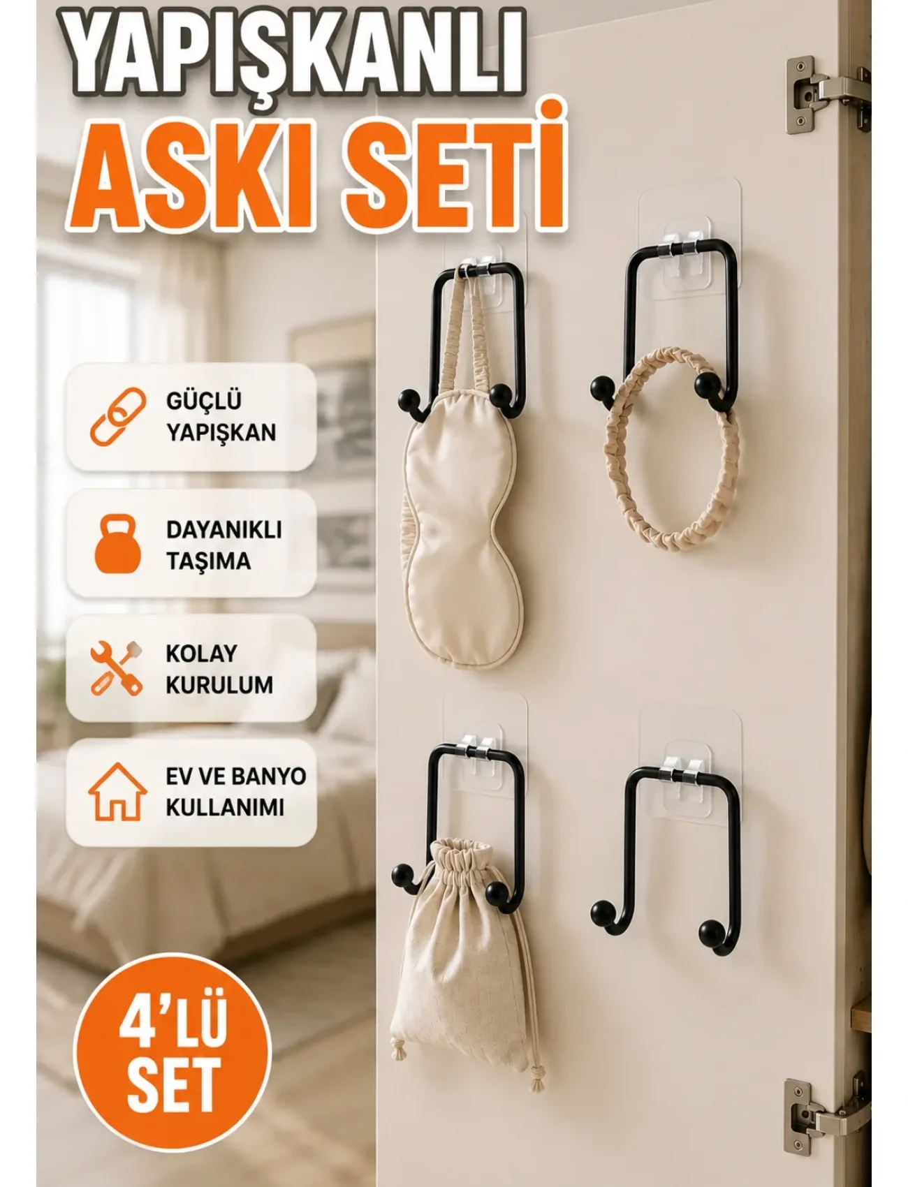 4lü Duvar Tipi Yapışkanlı Askı Pratik Ev ve Banyo Askılık Seti