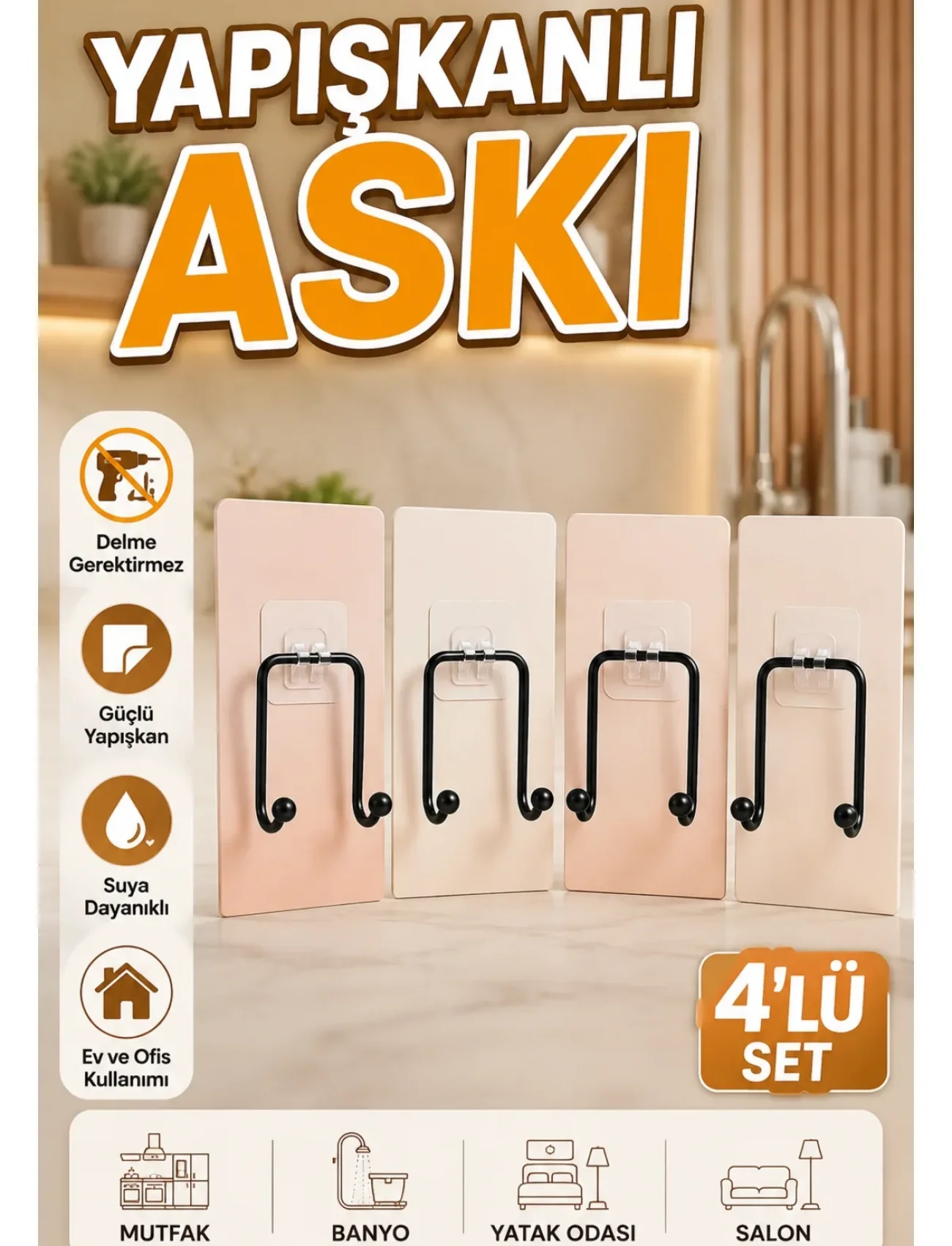 4lü Yapışkanlı Askı Seti Mutfak Banyo ve Ev İçin Duvar Askısı
