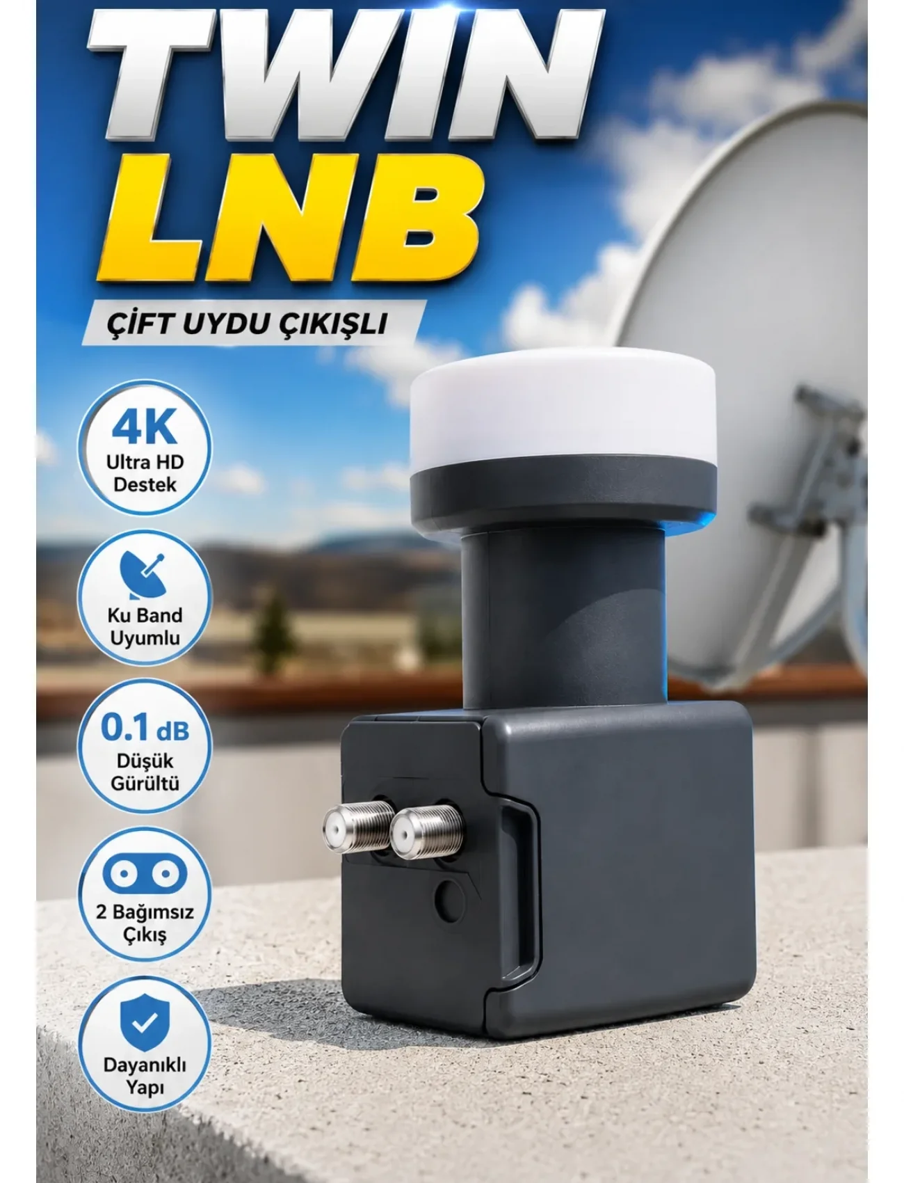 4K Ultra HD Twin LNB Çift Uydu Çıkışlı Ku Band Çanak Anten LNB 0.1 dB