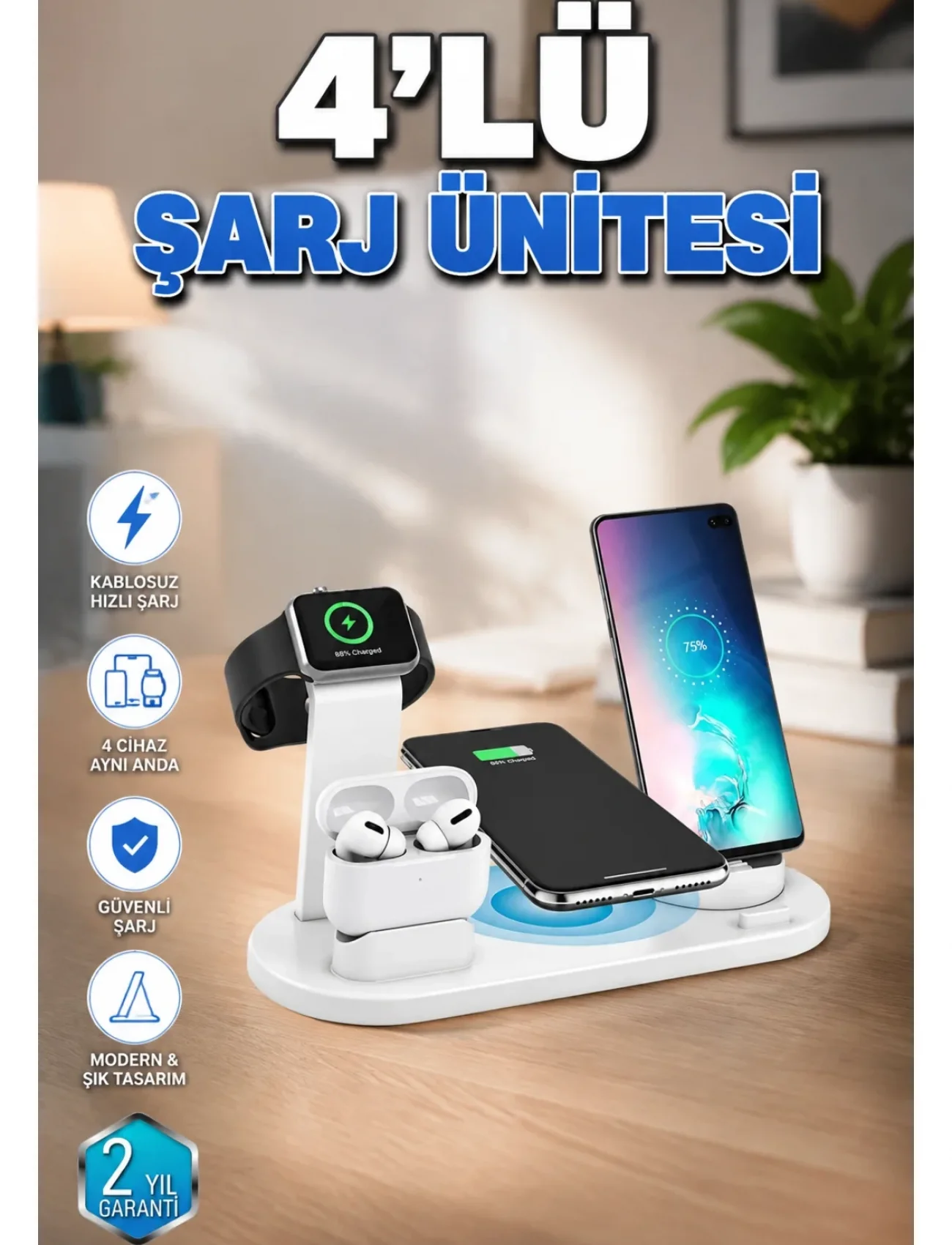 4’lü Kablosuz Şarj Standı iPhone Watch ve AirPods Çoklu Şarjlı