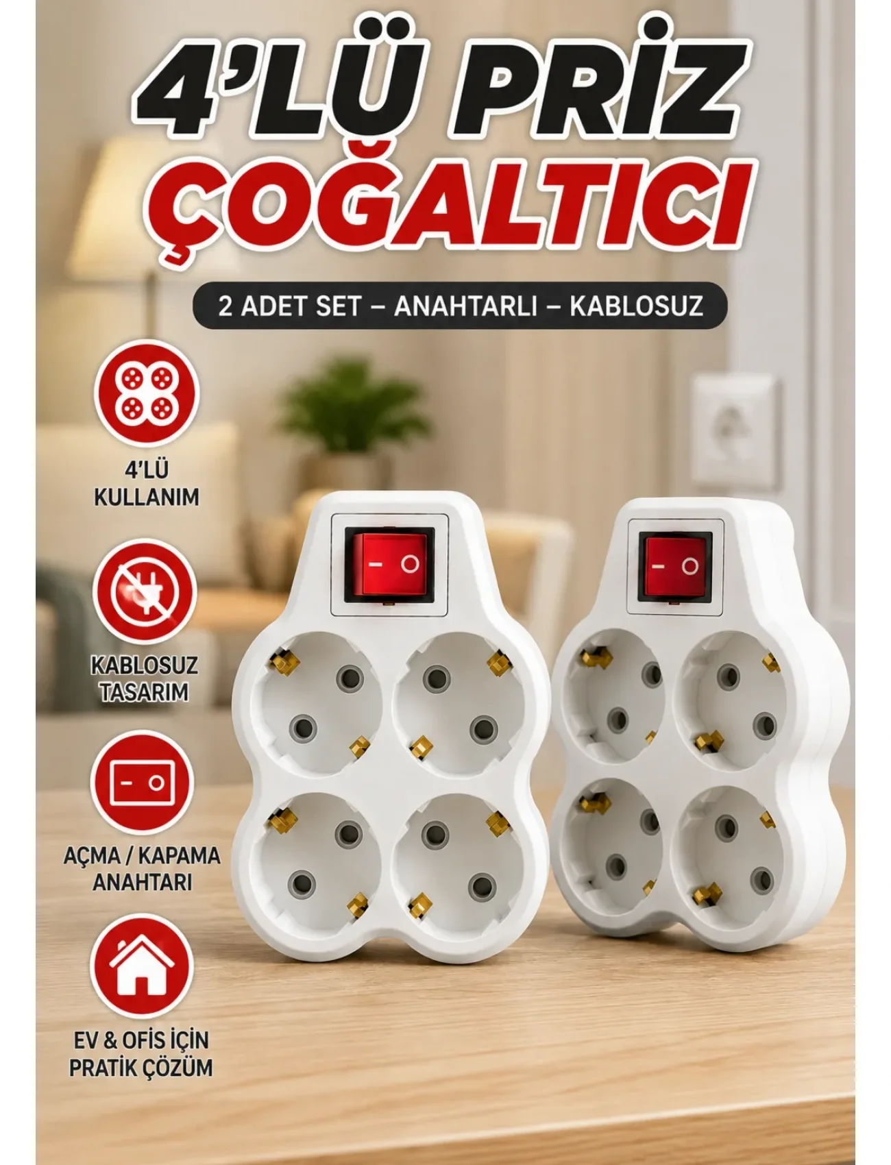 4’lü Priz Çoğaltıcı 2 Adet Set Kablosuz Duvar Tipi Anahtarlı Priz Çoklayıcı