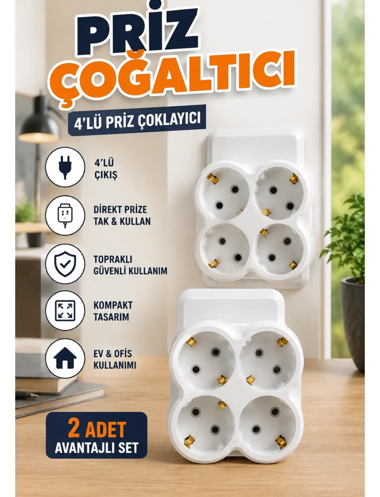 4’lü Priz Çoğaltıcı 2 Adet Set Kablosuz Duvar Tipi Priz Çoklayıcı Adaptör