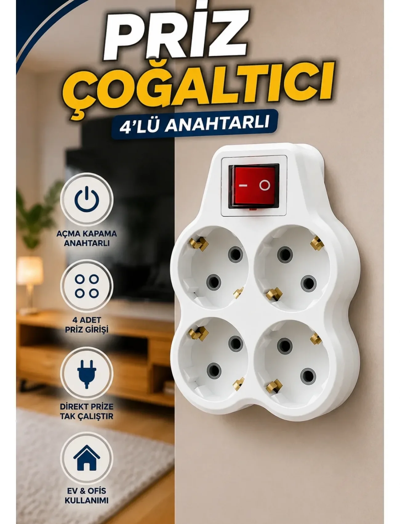 4’lü Priz Çoğaltıcı Açma Kapama Anahtarlı Kablosuz Duvar Tipi Priz Adaptörü