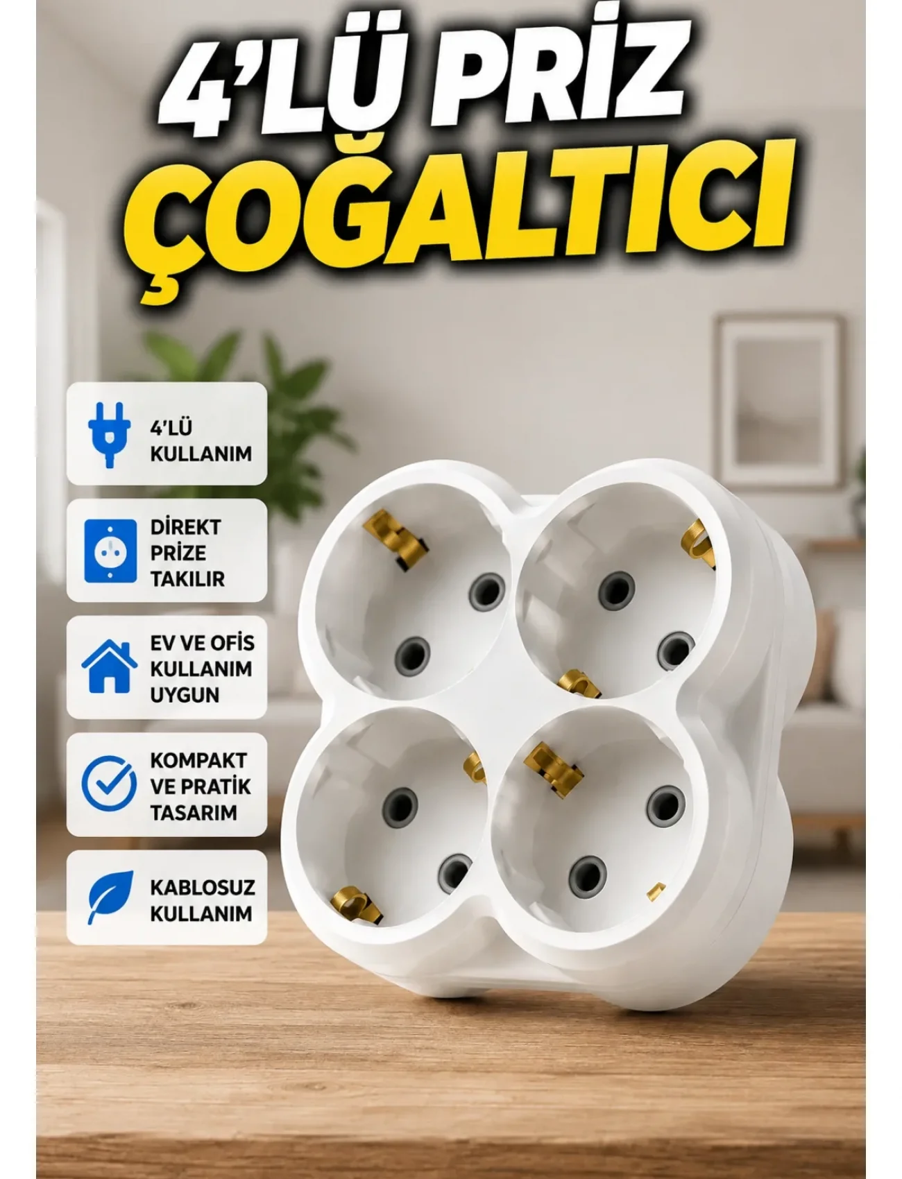 4’lü Priz Çoğaltıcı Kablosuz Duvar Tipi Direkt Prize Takılan Priz Çoklayıcı
