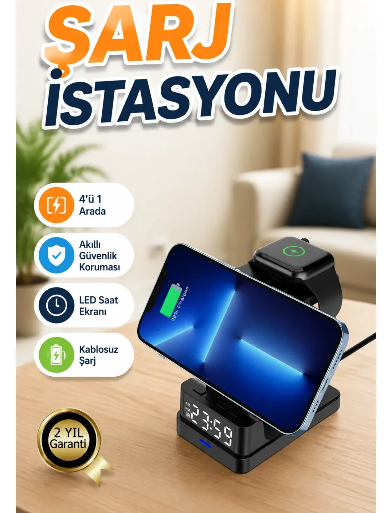 4’ü 1 Arada Kablosuz Şarj İstasyonu LED Saat Ekranlı, Akıllı Güvenlik Koruması