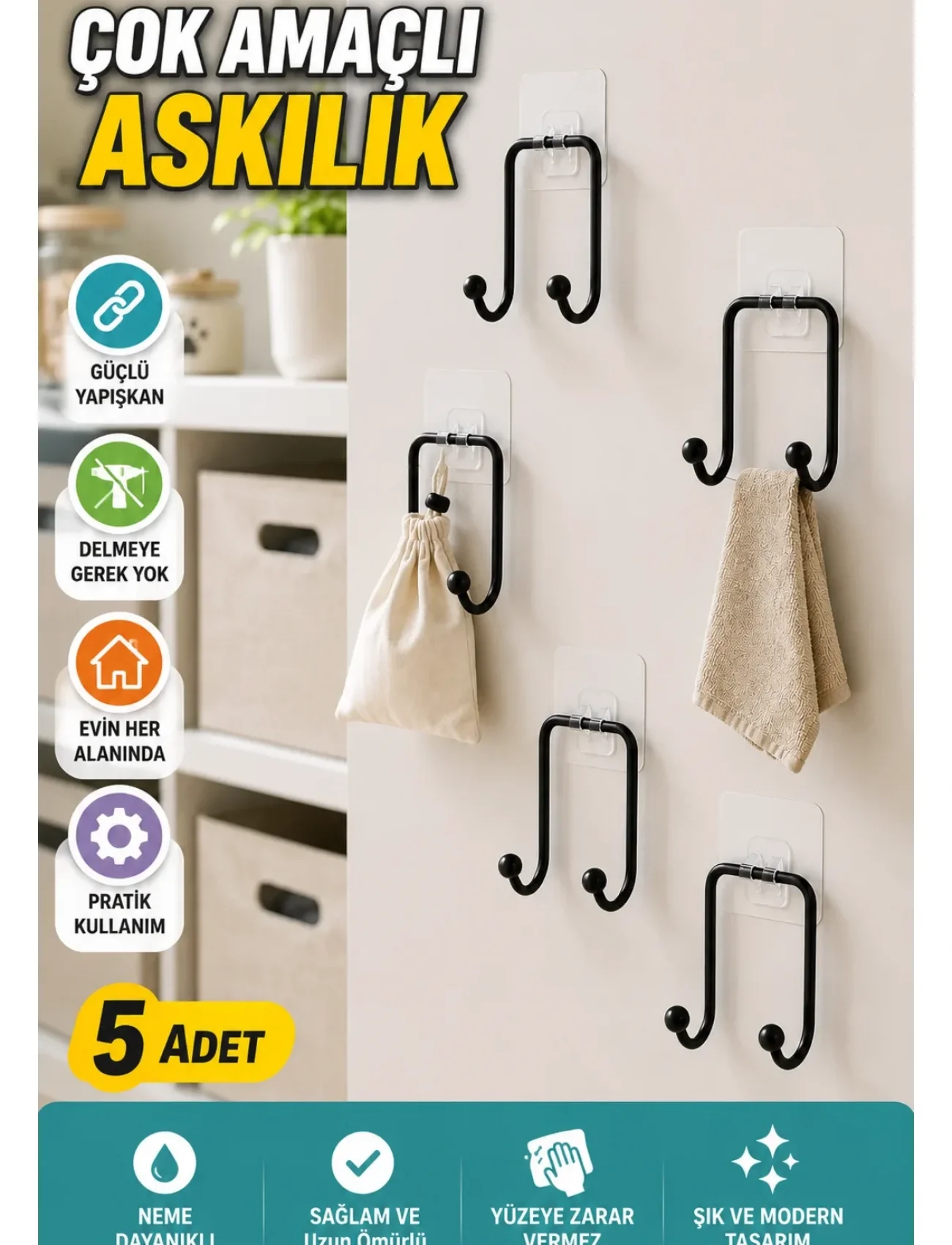 5 Adet Çok Amaçlı Yapışkanlı Askılık Ev Düzenleyici Duvar Askısı