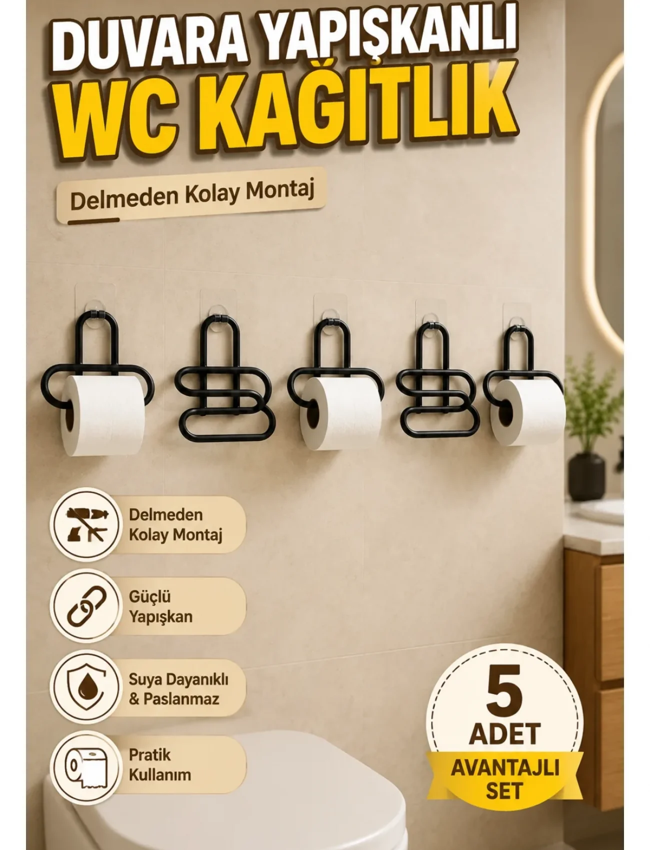 5 Adet Duvara Yapışkanlı WC Kağıtlık Delmeden Montaj Siyah Metal Tuvalet Kağıdı Askısı