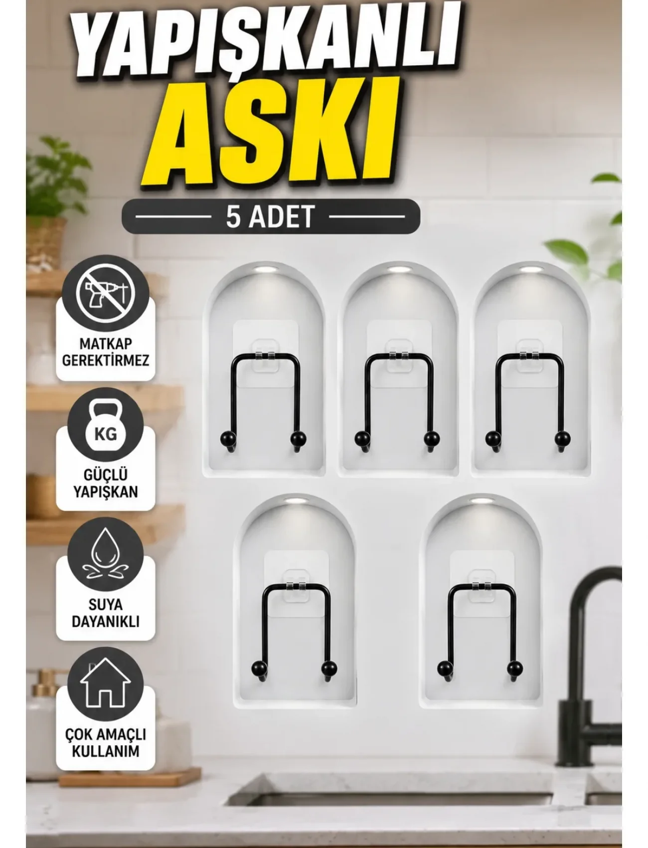 5 Adet Yapışkanlı Askı Çok Amaçlı Mutfak Banyo Düzenleyici Askılık