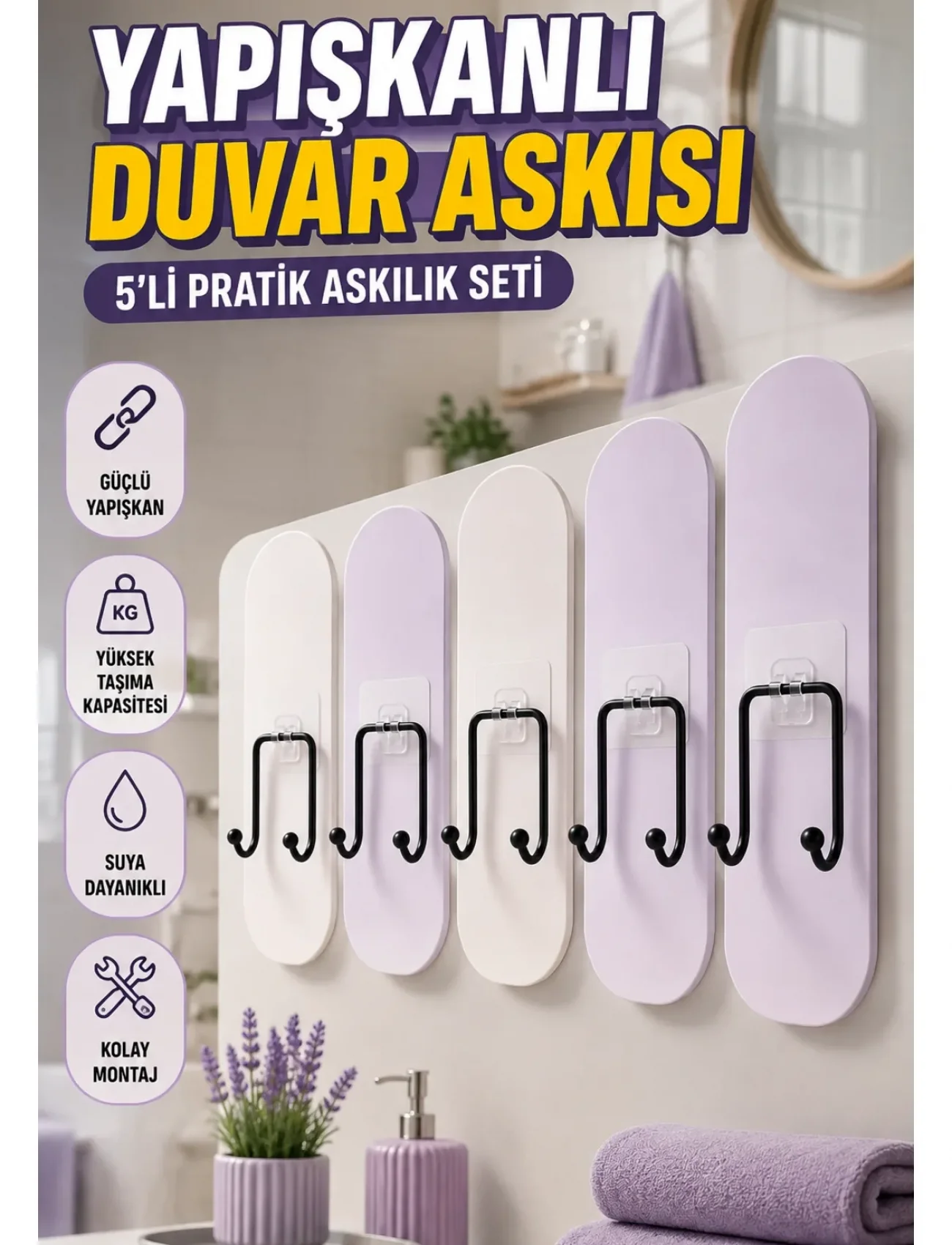 5 Adet Yapışkanlı Duvar Askısı Çok Amaçlı Pratik Askılık Seti