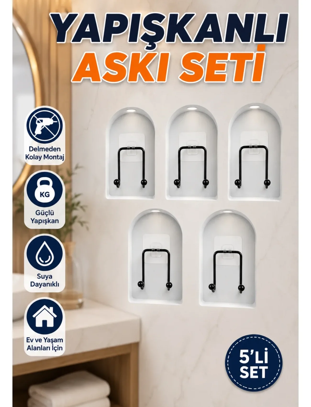 5li Duvar Tipi Yapışkanlı Askı Pratik Ev ve Yaşam Alanı Askılık Seti