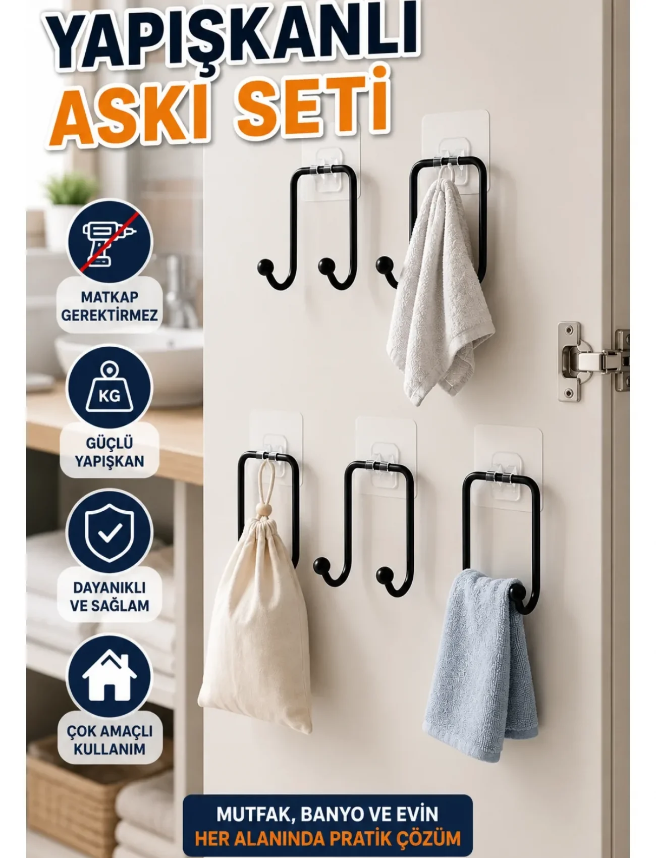 5li Yapışkanlı Askı Seti Mutfak Banyo ve Ev İçin Çok Amaçlı Askılık