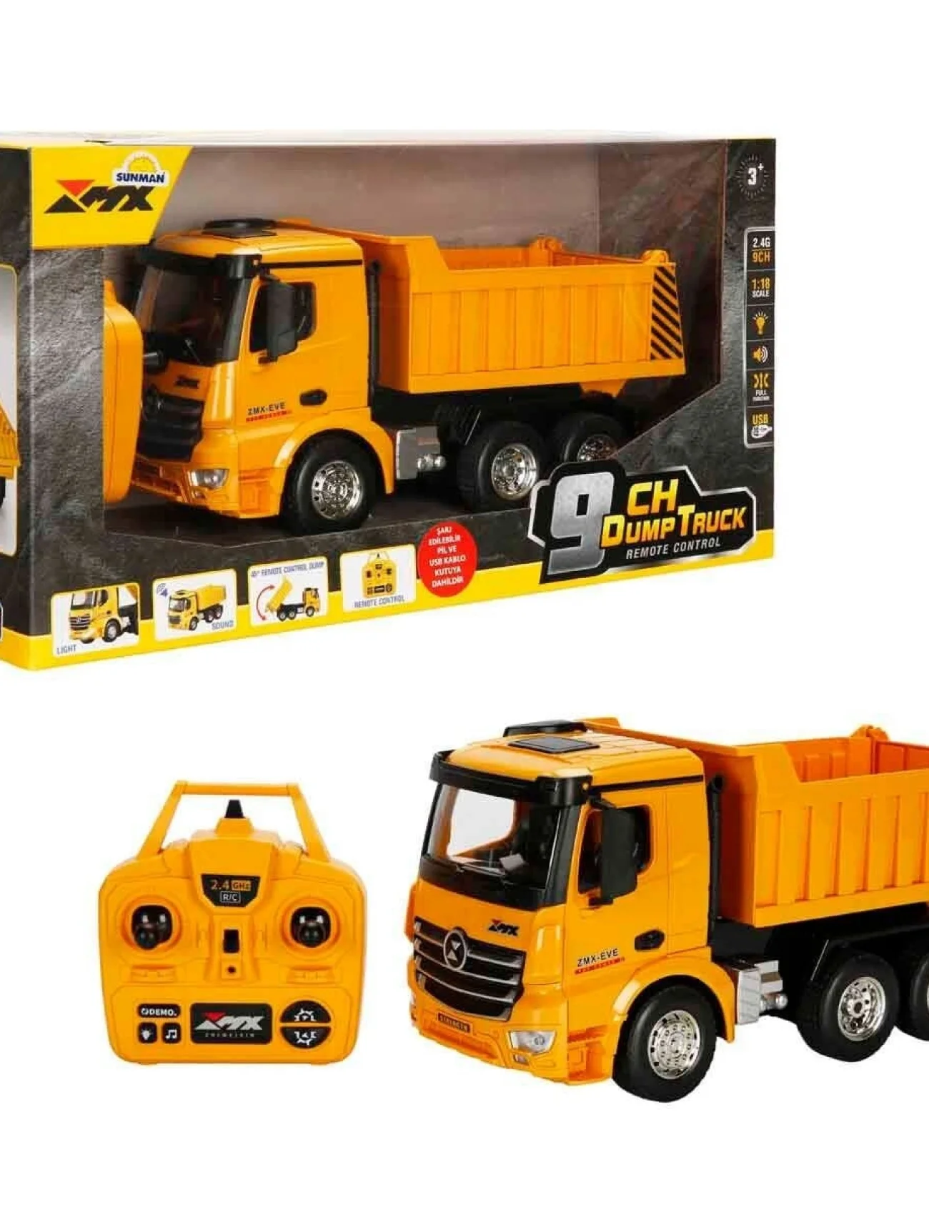 5083 SUN-RST-RC İŞ MAKİNESİ 1 18 DAMPERLİ KAMYON FF IŞIKLI 9CH 3 7V USB 2 4GHZ