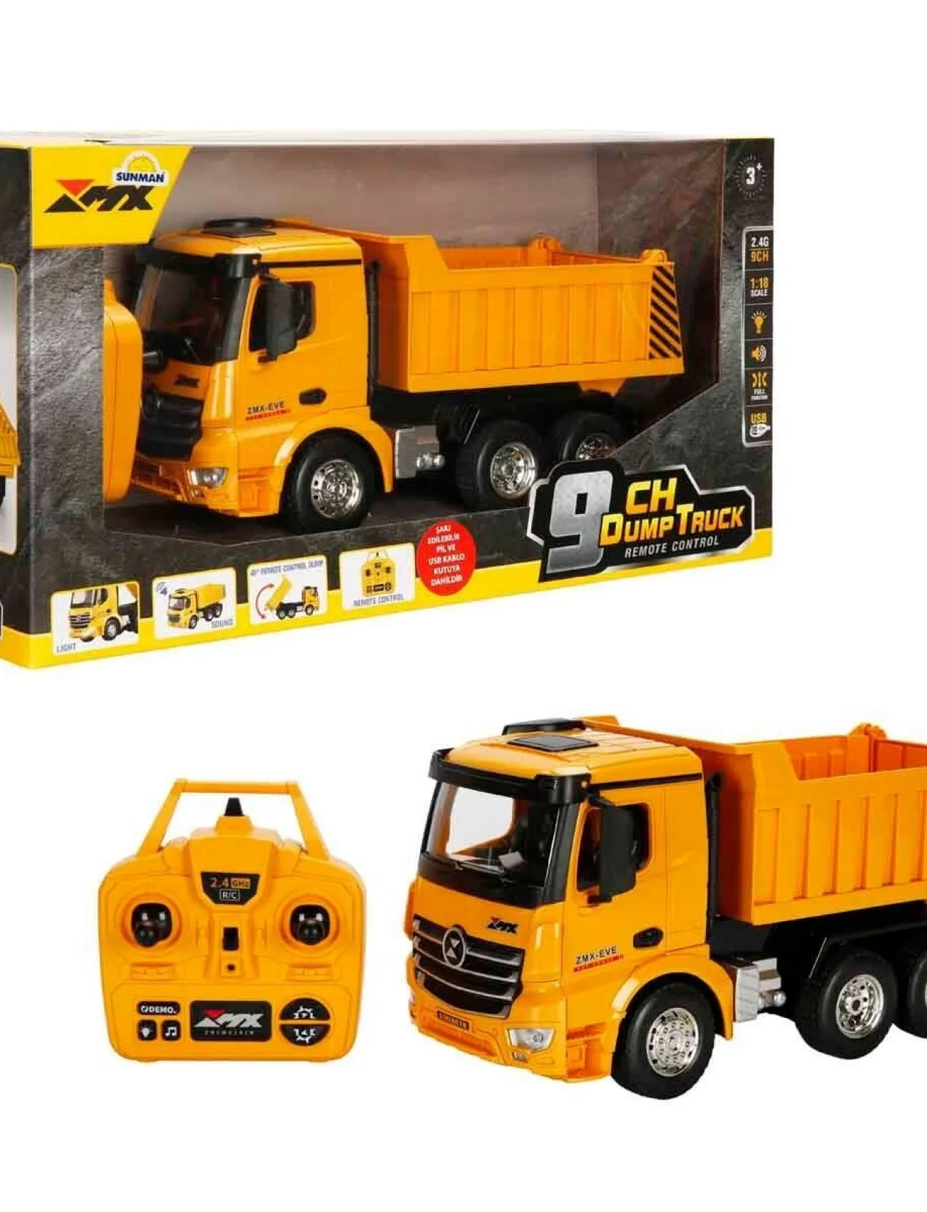 5083 SUN-RST-RC İŞ MAKİNESİ 1 18 DAMPERLİ KAMYON FF IŞIKLI 9CH 3 7V USB 2 4GHZ