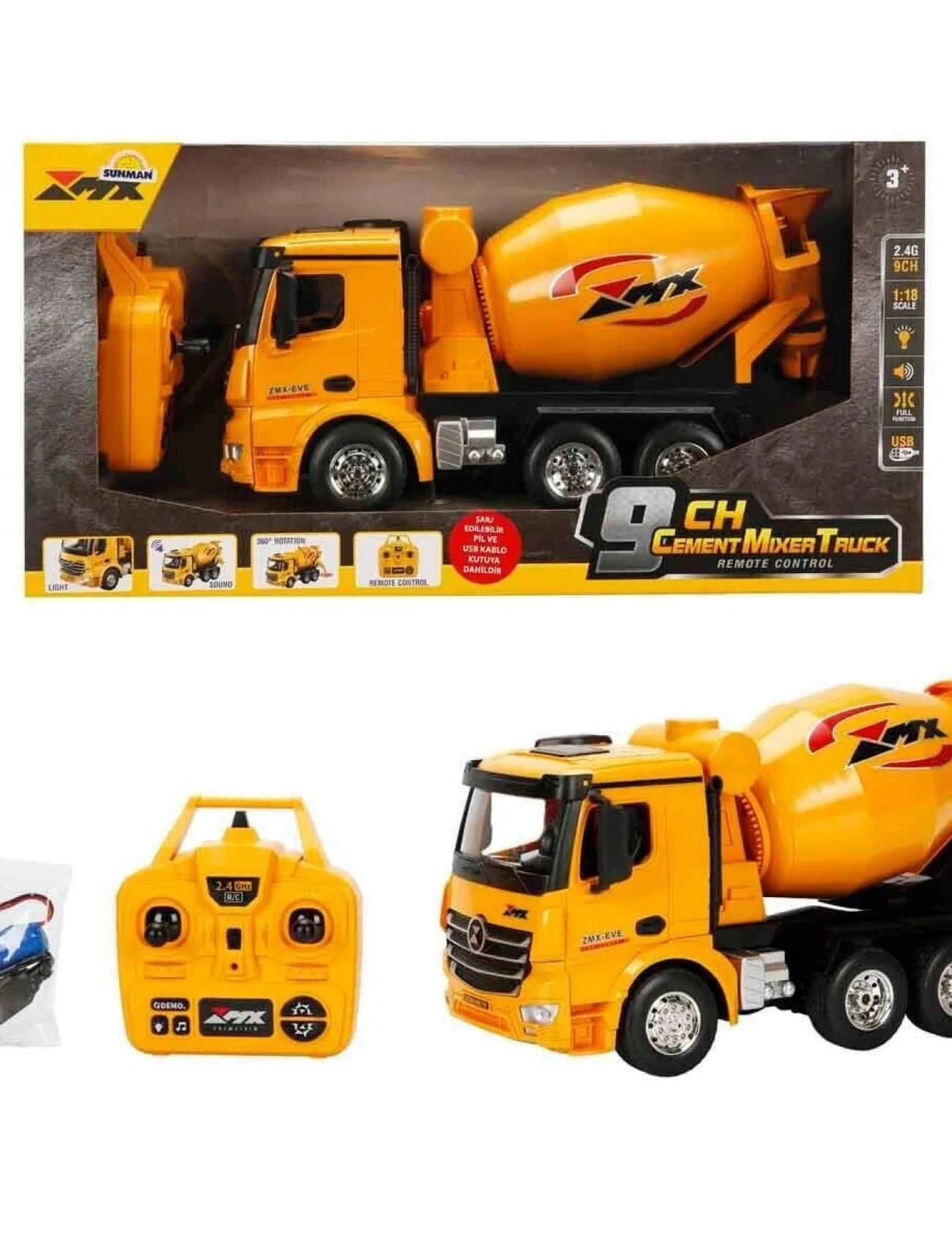 5084 SUN-RST-RC İŞ MAKİNESİ 1 18 BETON MİKSERİ FF 9CH 3 7V USB 2 4 GHZ SESLİ IŞI
