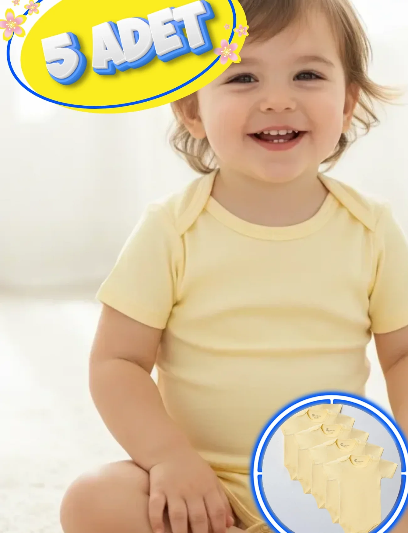 Büyük Beden 5’li Kısa Kol Body Zıbın Sarı – Pamuklu, Alttan Çıtçıtlı, Rahat, Çocuklara Uygun