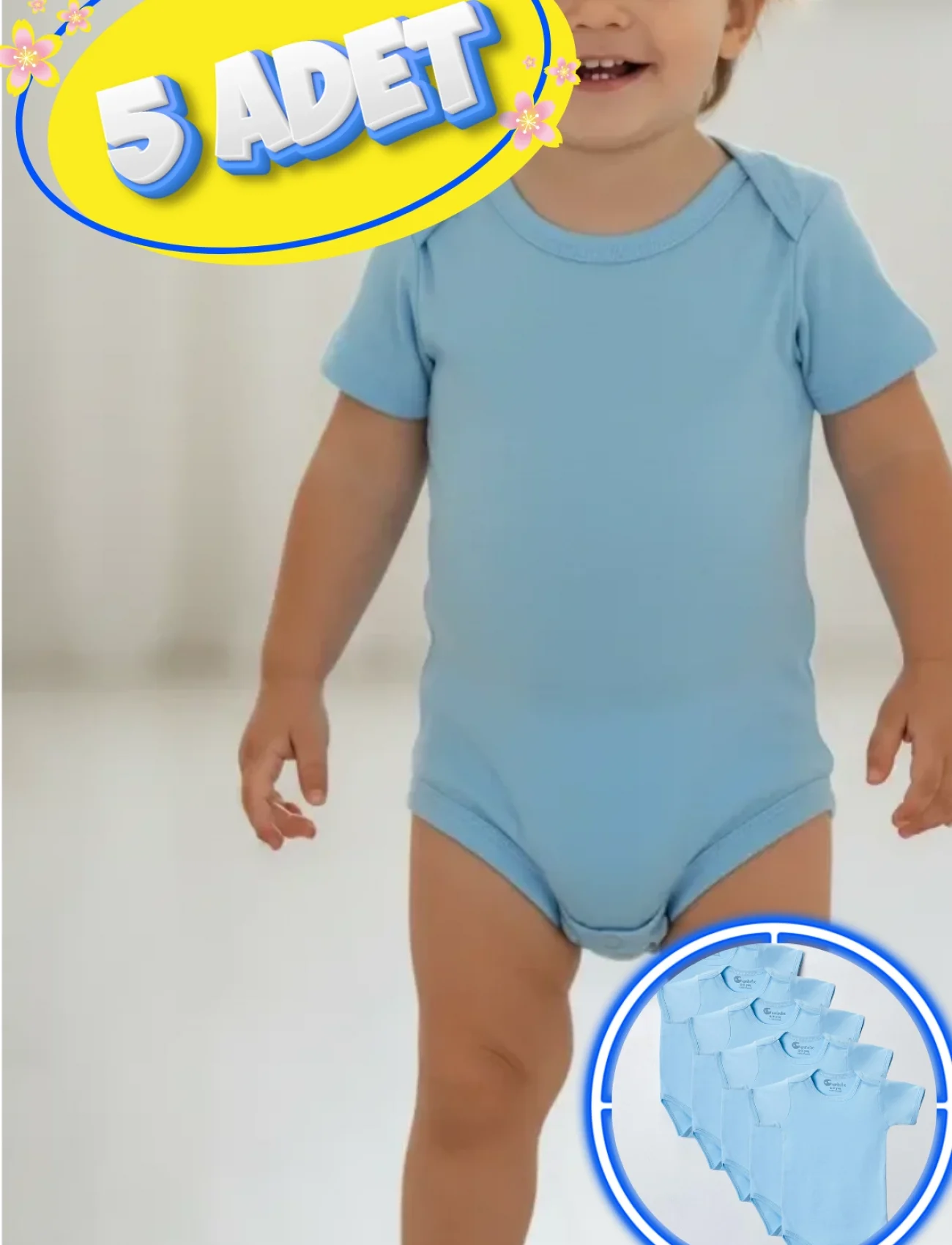 Büyük Beden 5’li Kısa Kol Body Zıbın Mavi – Pamuklu, Alttan Çıtçıtlı, Rahat, Çocuklara Uygun