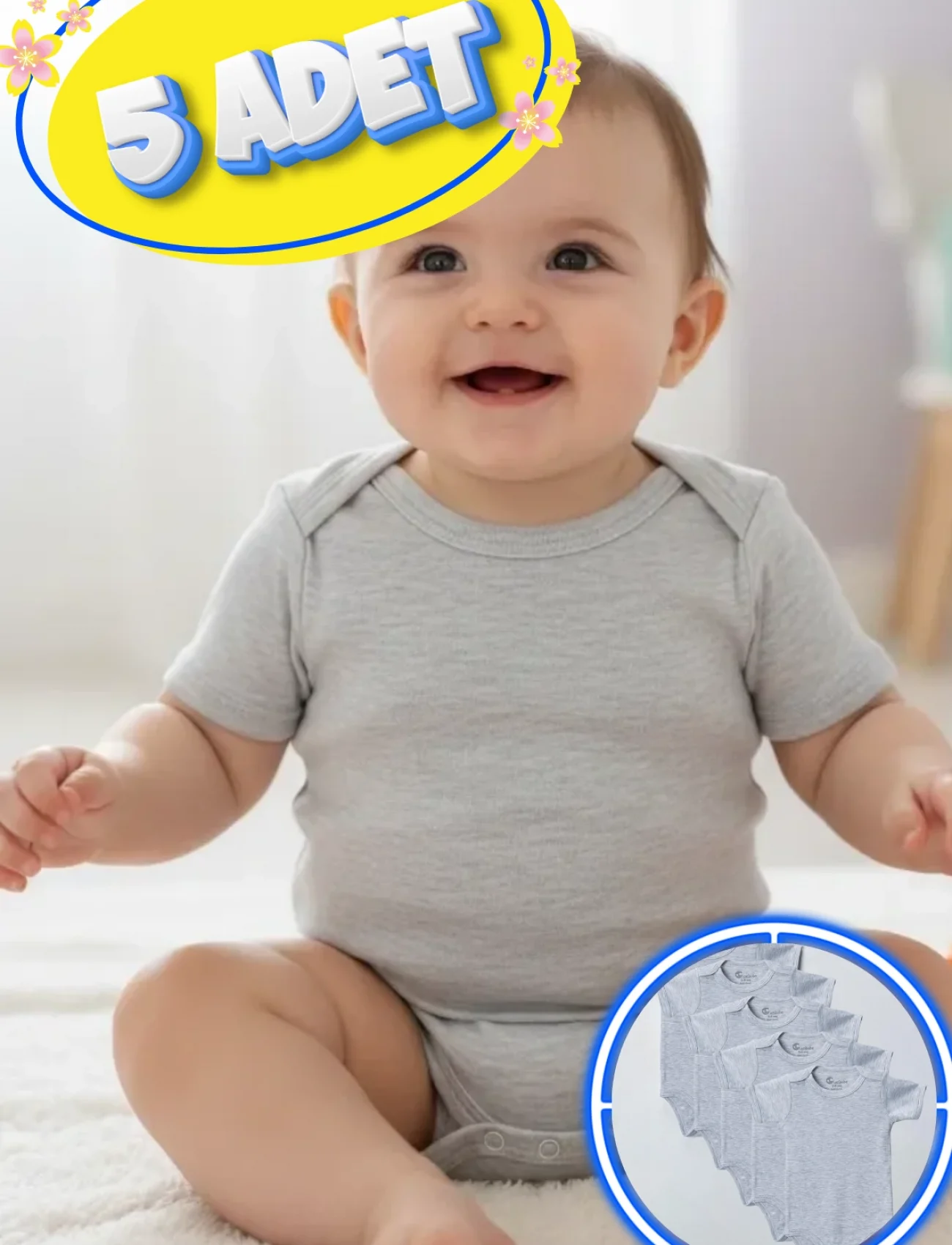 Büyük Beden 5’li Kısa Kol Body Zıbın Gri – Pamuklu, Alttan Çıtçıtlı, Rahat, Çocuklara Uygun