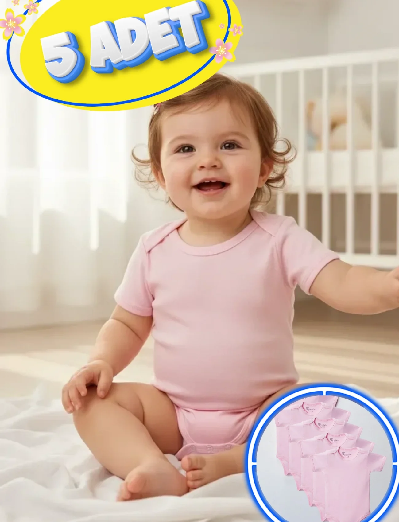 Büyük Beden 5’li Kısa Kol Body Zıbın Pembe – Pamuklu, Alttan Çıtçıtlı, Rahat, Çocuklara Uygun