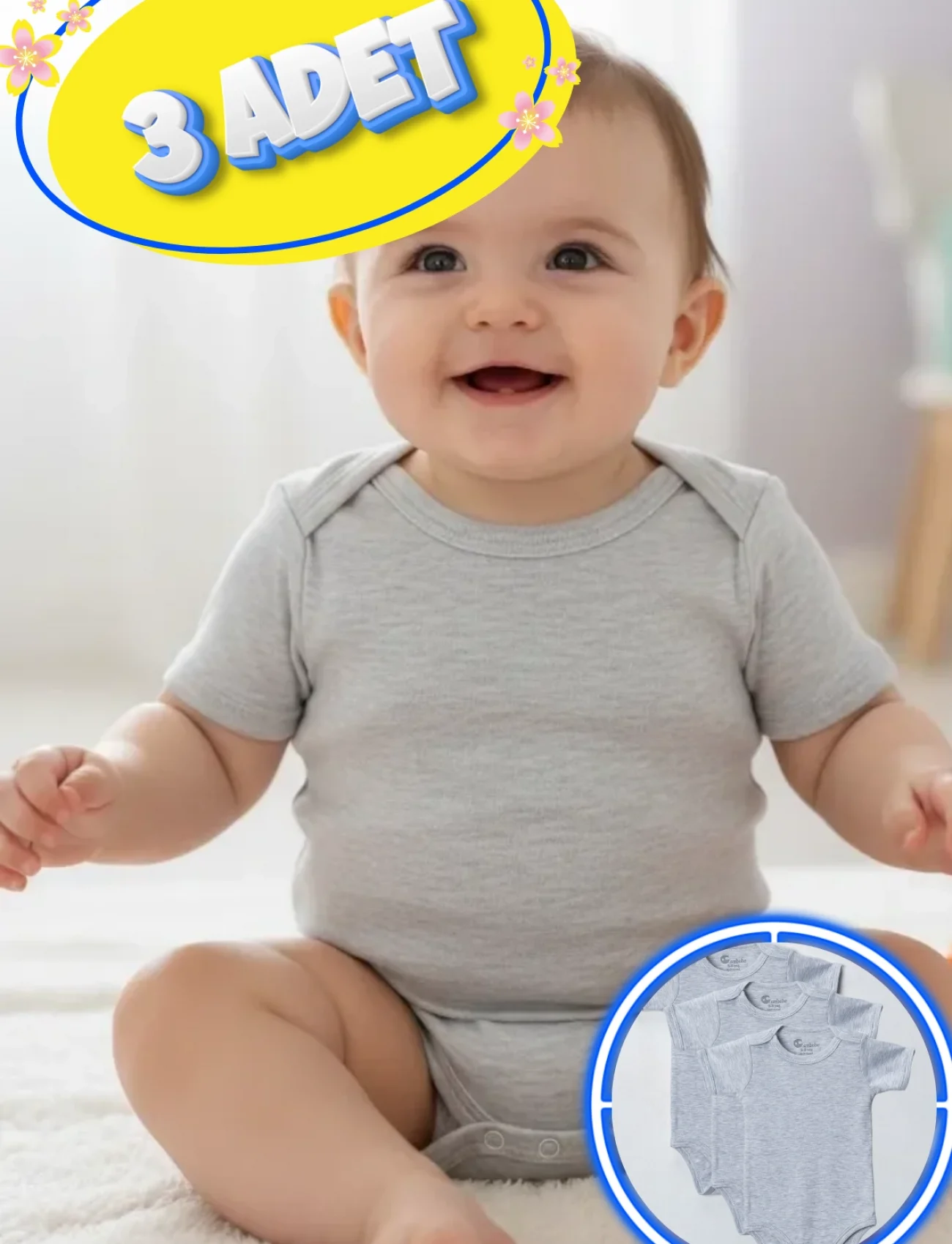 3’lü Kısa Kol Büyük Beden Body Zıbın Gri – Pamuklu, Alttan Çıtçıtlı, Rahat, Çocuklar İçin