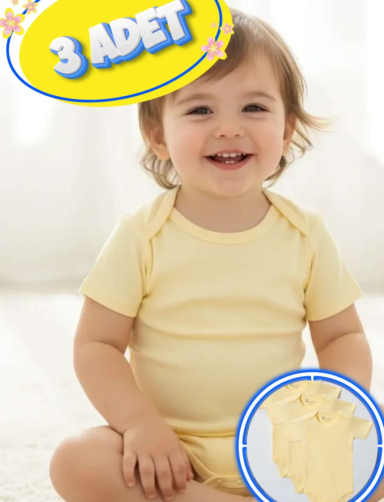3’lü Kısa Kol Büyük Beden Body Zıbın Sarı – Pamuklu, Alttan Çıtçıtlı, Rahat, Çocuklar İçin