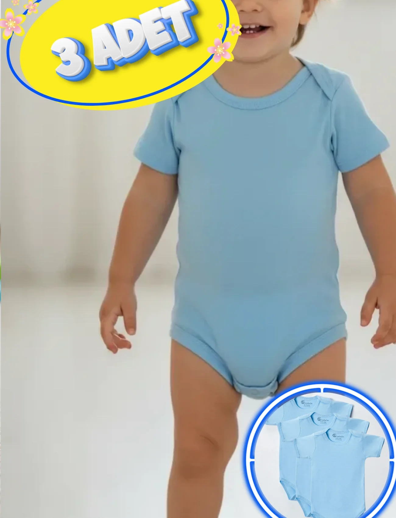 3’lü Kısa Kol Büyük Beden Body Zıbın Mavi – Pamuklu, Alttan Çıtçıtlı, Rahat, Çocuklar İçin