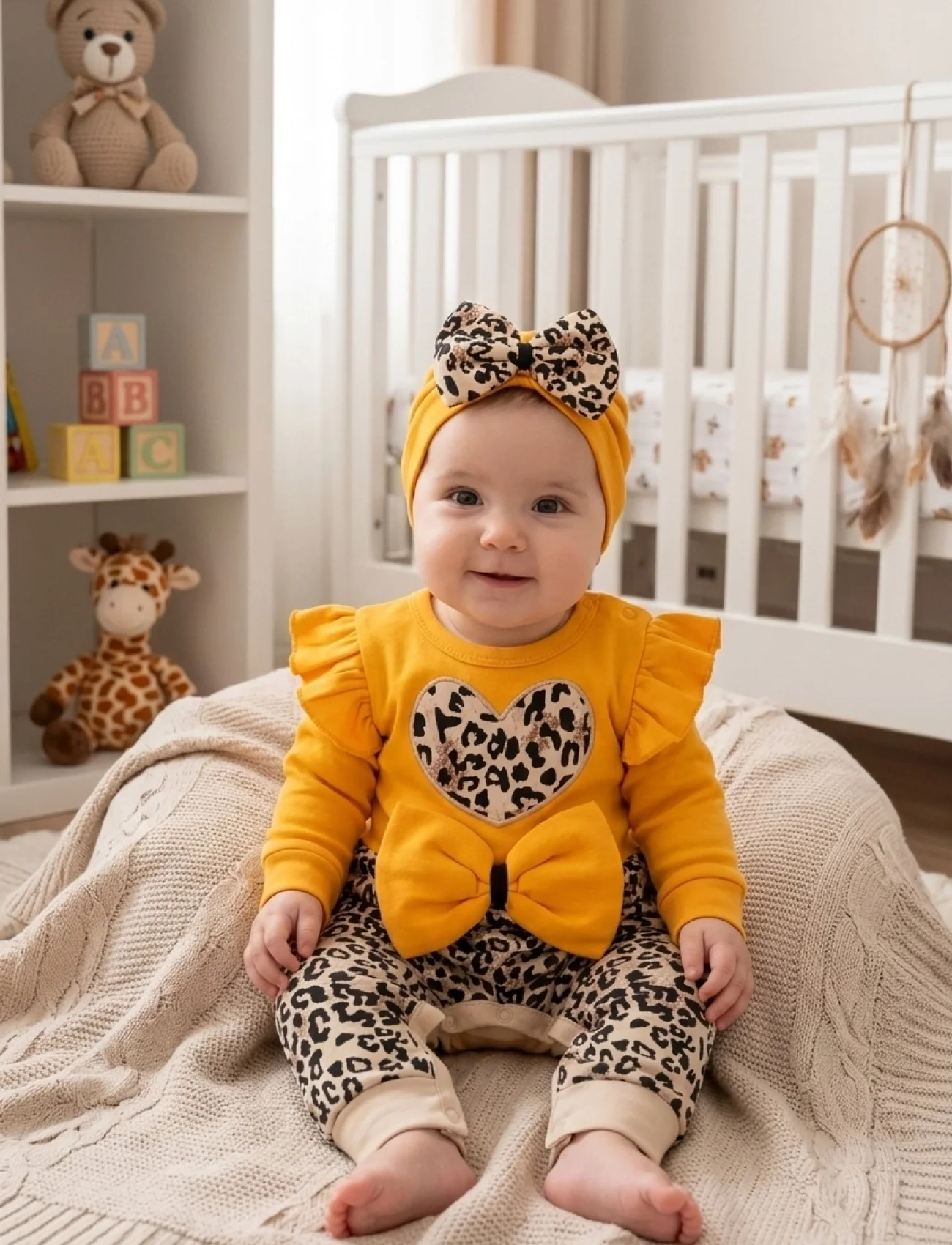 3-9 Ay Kız Bebek Tulum Leopar Fiyonklu Sarı