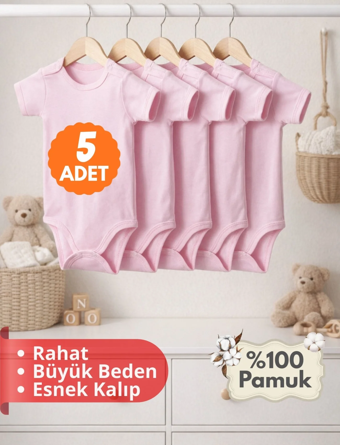 Büyük Beden 5’li Kısa Kol Body Zıbın Pembe – Pamuklu, Alttan Çıtçıtlı, Rahat, Çocuklara Uygun