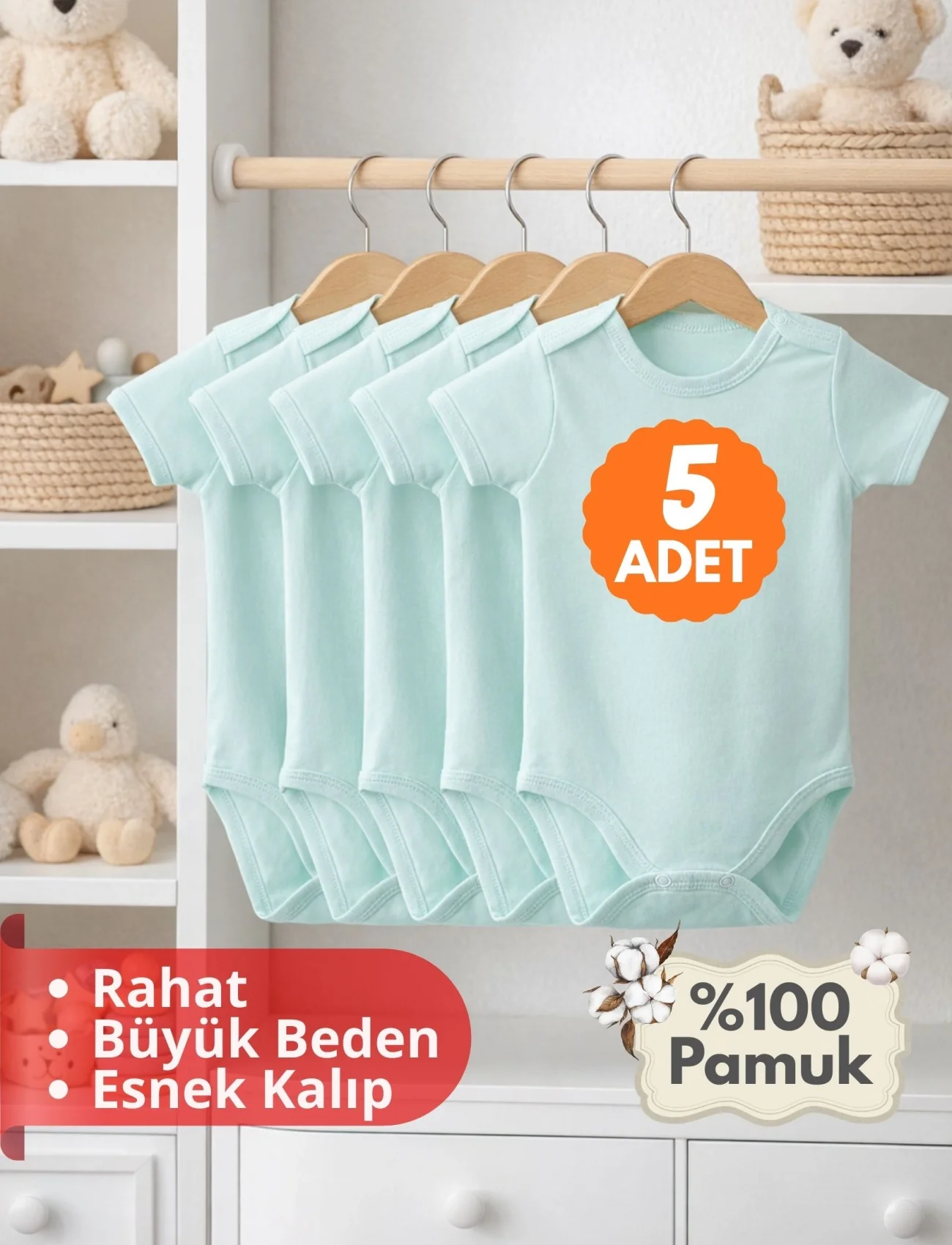 Çocuk Body Zıbın 5li Set Büyük Beden %100 Pamuk Alttan Çıtçıtlı Kısa Kol 2-12 Yaş Bebek Body Yeşil