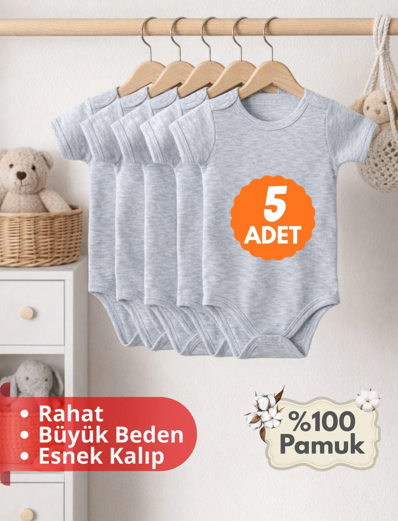 Çocuk Body Zıbın 5li Set Büyük Beden %100 Pamuk Alttan Çıtçıtlı Kısa Kol 2-12 Yaş Bebek Body Gri