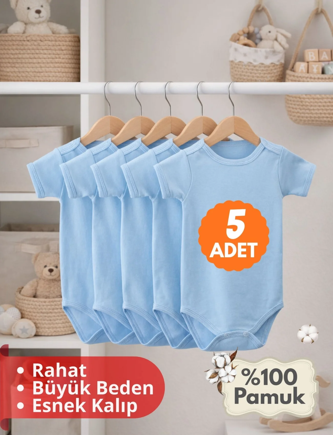 Çocuk Body Zıbın 5li Set Büyük Beden %100 Pamuk Alttan Çıtçıtlı Kısa Kol 2-12 Yaş Bebek Body Mavi
