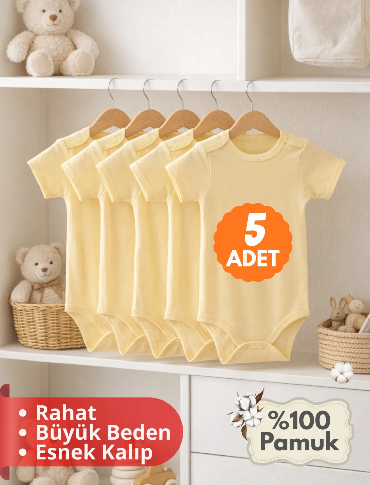 Çocuk Body Zıbın 5li Set Büyük Beden %100 Pamuk Alttan Çıtçıtlı Kısa Kol 2-12 Yaş Bebek Body Sarı