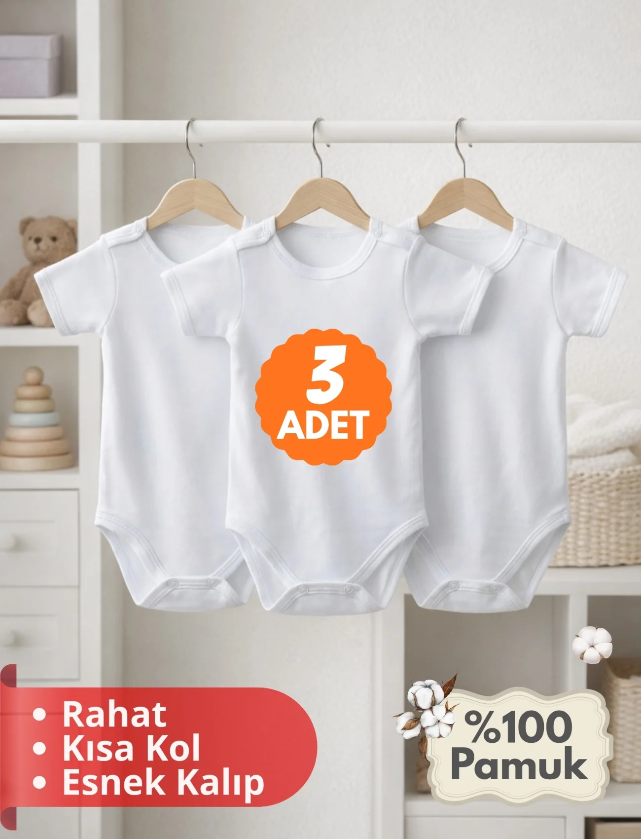 2-12 Yaş 3lü Beyaz Bebek Çocuk Body %100 Pamuk Esnek Kalıp Kısa Kol Çıtçıtlı Zıbın