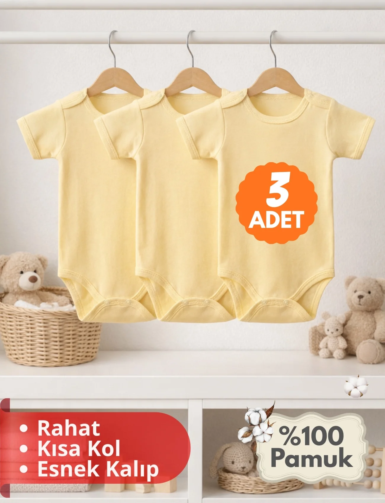 2-12 Yaş 3lü Sarı Bebek Çocuk Body %100 Pamuk Esnek Kalıp Kısa Kol Çıtçıtlı Zıbın