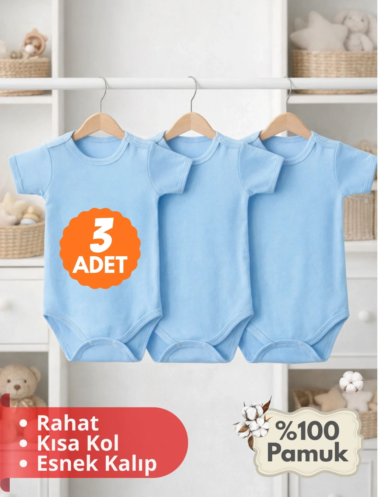 2-12 Yaş 3lü Mavi Bebek Çocuk Body %100 Pamuk Esnek Kalıp Kısa Kol Çıtçıtlı Zıbın