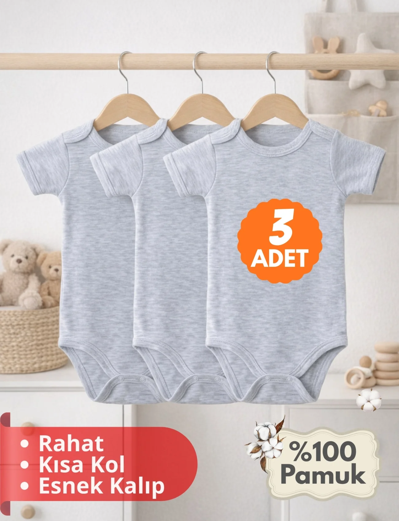 2-12 Yaş 3lü Gri Bebek Çocuk Body %100 Pamuk Esnek Kalıp Kısa Kol Çıtçıtlı Zıbın