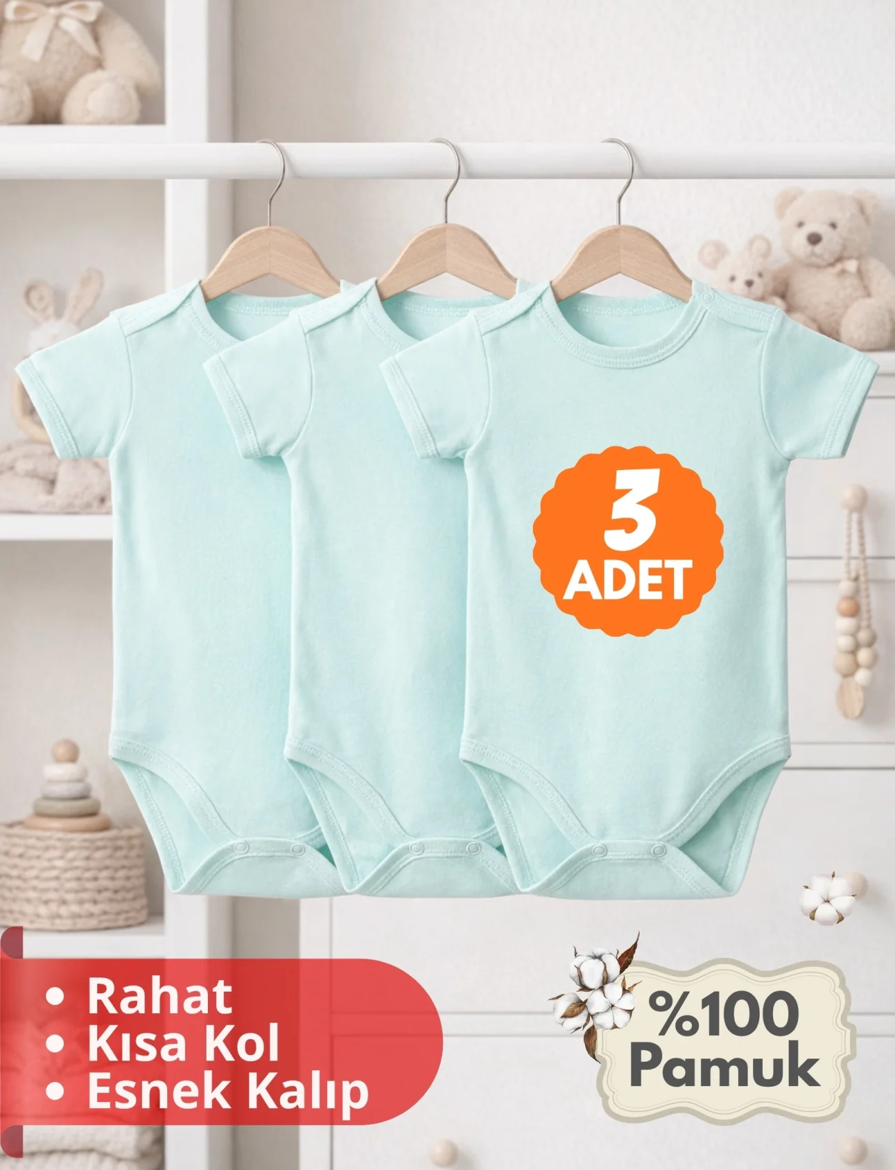 2-12 Yaş 3lü Yeşil Bebek Çocuk Body %100 Pamuk Esnek Kalıp Kısa Kol Çıtçıtlı Zıbın