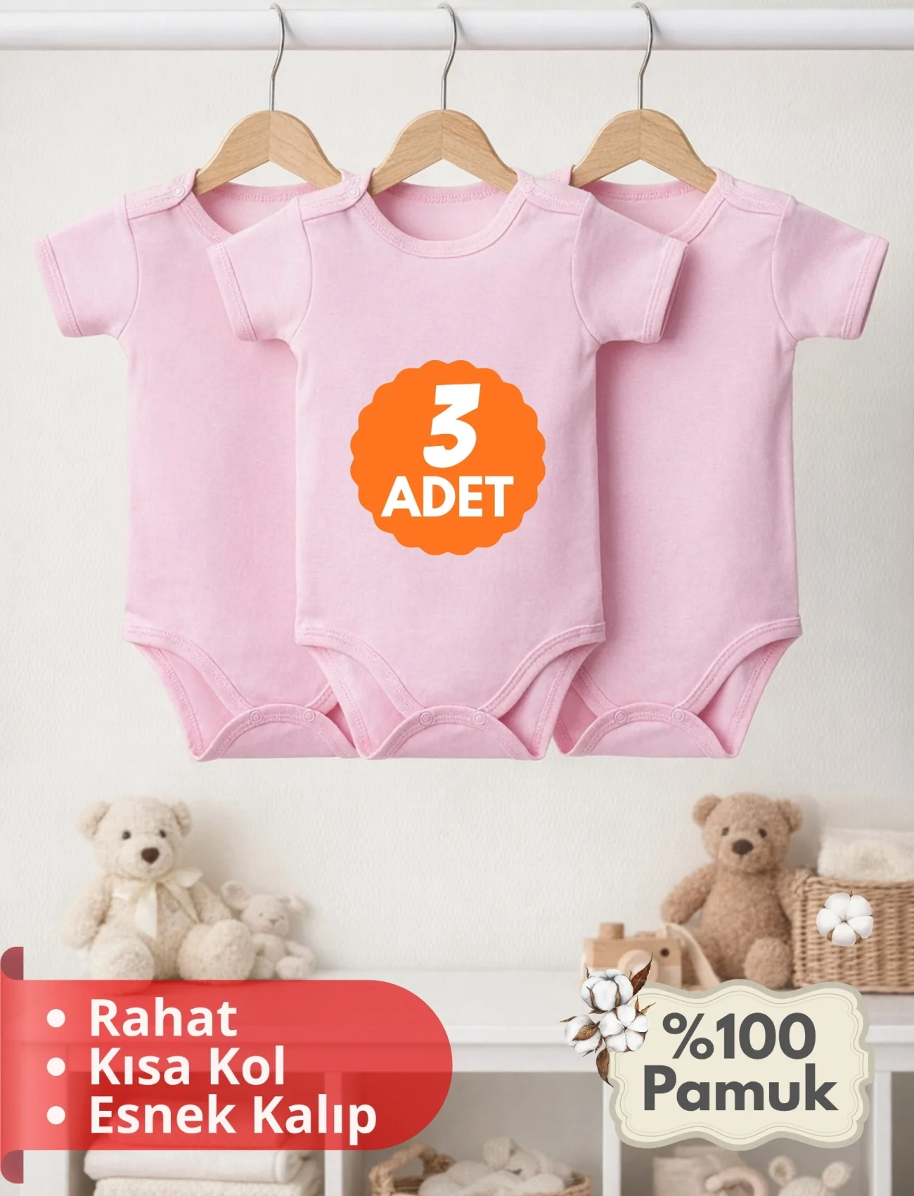 2-12 Yaş 3lü Pembe Bebek Çocuk Body %100 Pamuk Esnek Kalıp Kısa Kol Çıtçıtlı Zıbın
