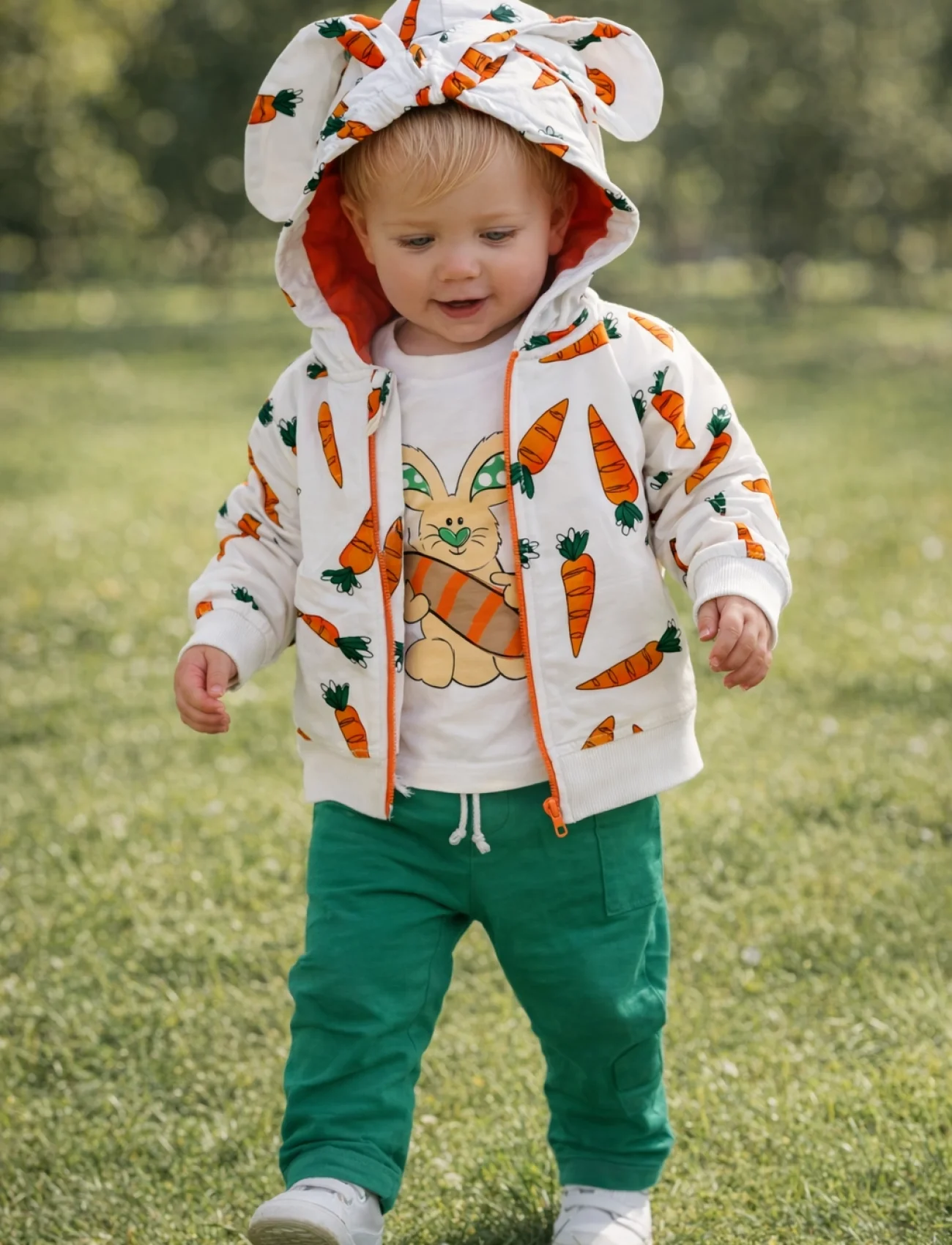 Tavşan Ve Havuçlar Fermuar Kapama 3lü Kız Erkek Bebek Takımı Kapüşonlu Fermuarlı | 9-12-18-24 Ay
