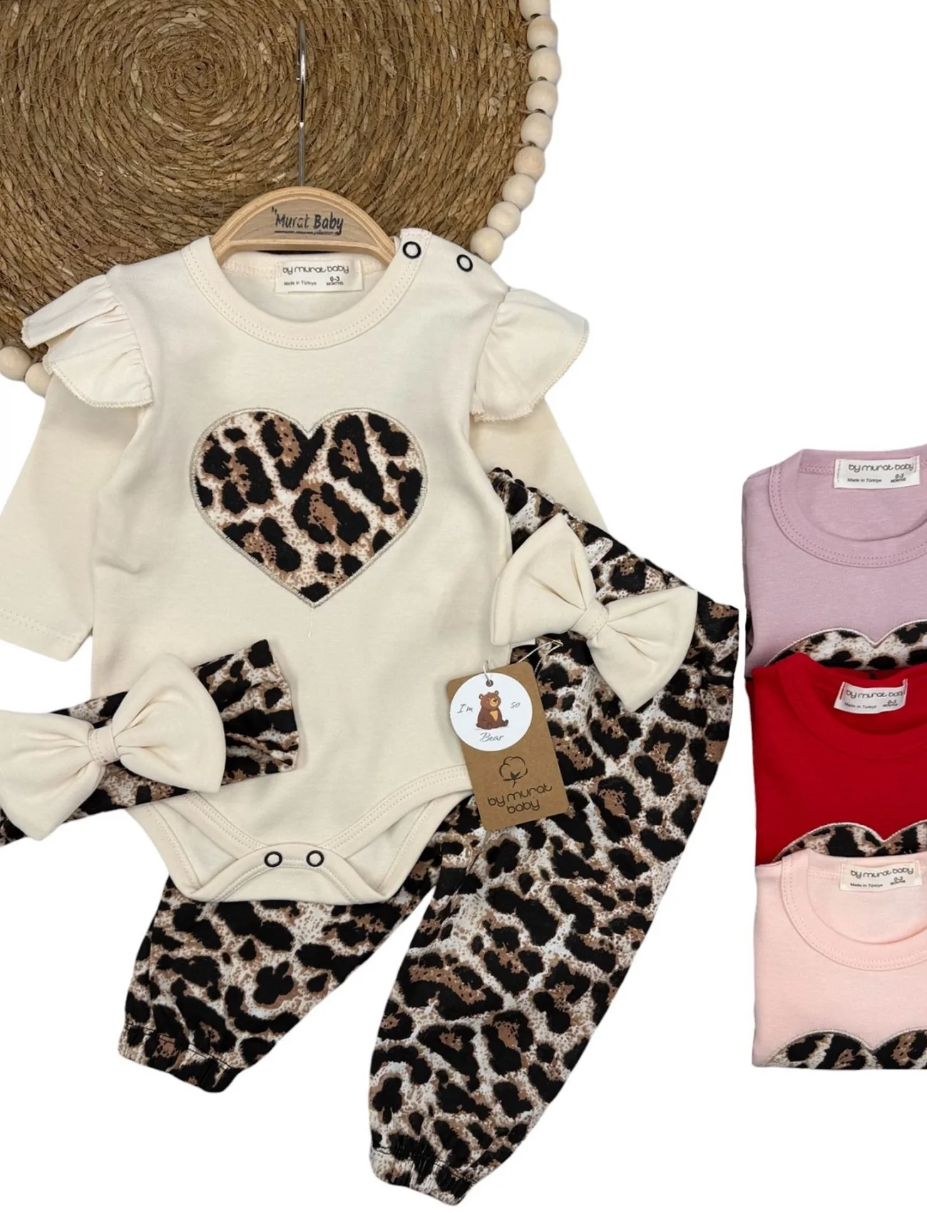 Leopar Desen Kalp Detaylı Fırfırlı 2’li Badili Kız Bebek Takımı | 3-6-9-12 Ay