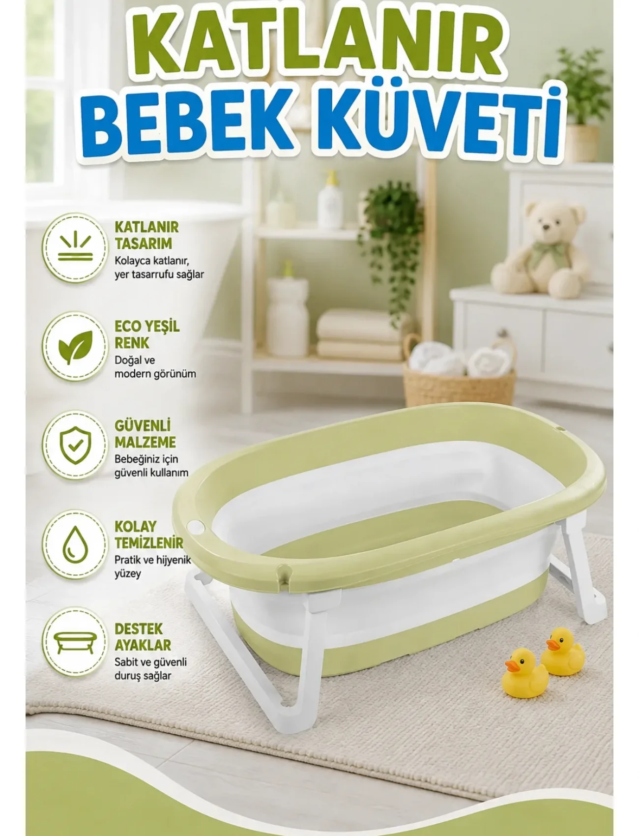 7265 Katlanır Bebek Yıkama Küveti Eco Yeşil -Dolu Oyuncak
