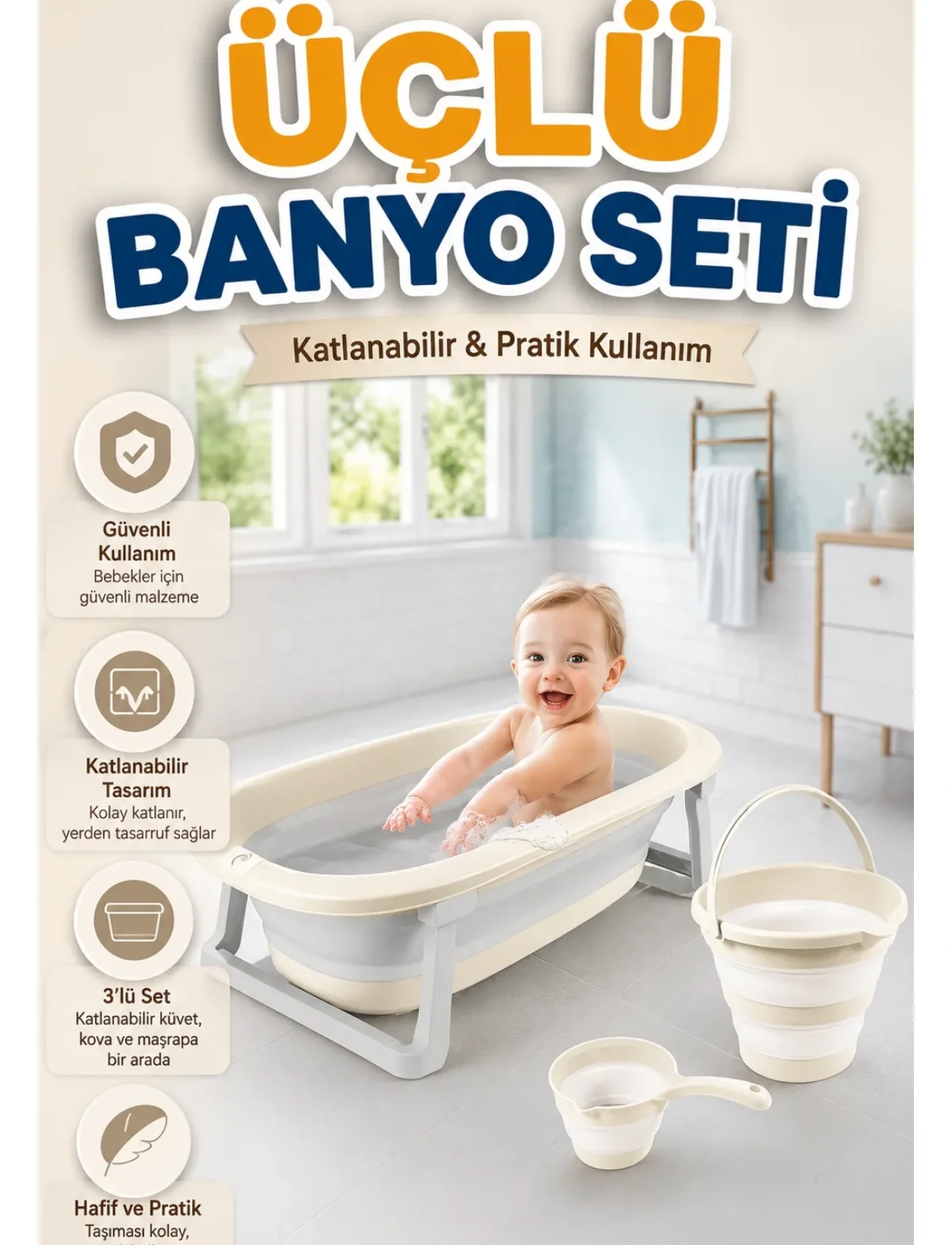7271 Katlanabilir Banyo Seti 3lü Bej