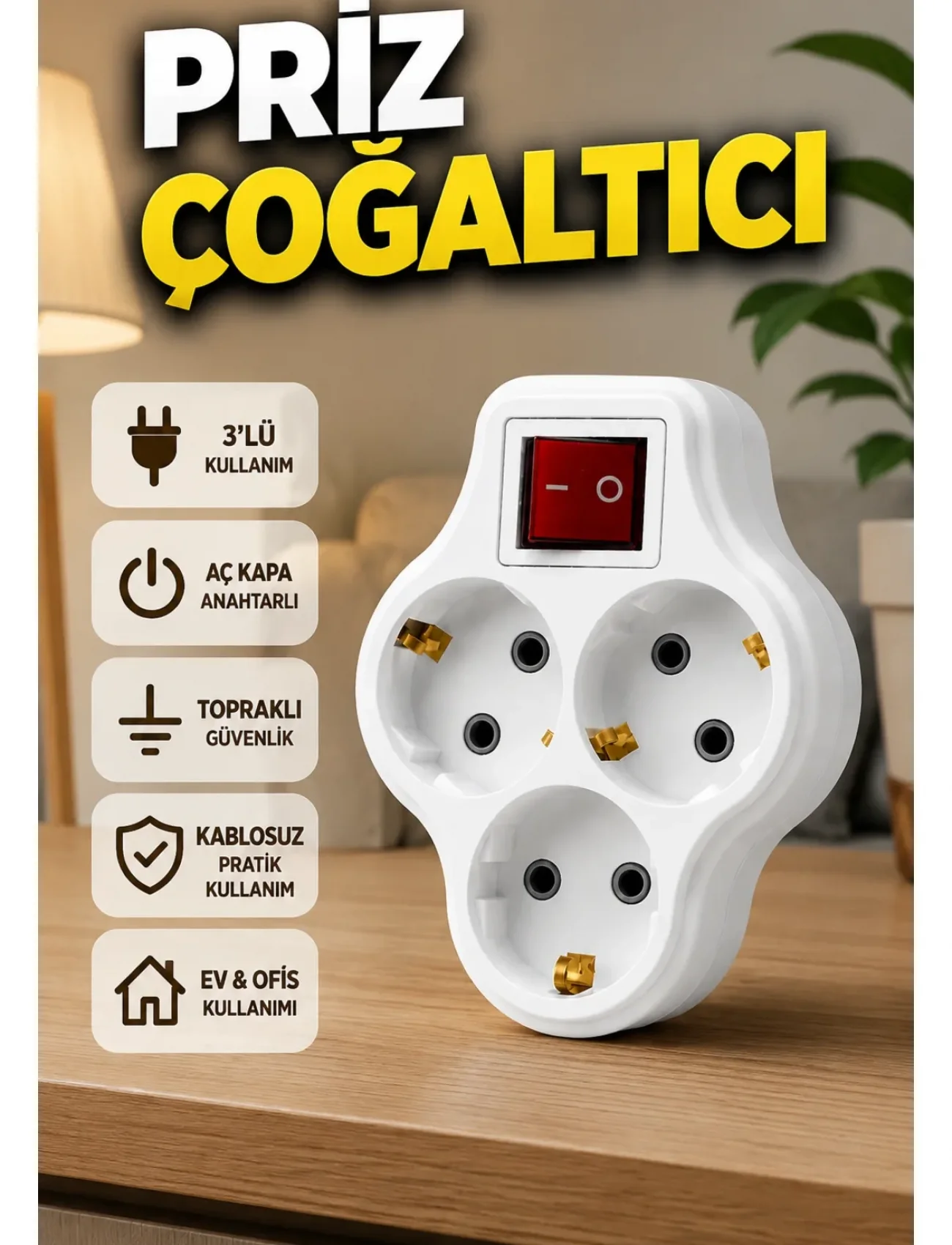 Anahtarlı 3’lü Priz Çoğaltıcı Kablosuz Duvar Tipi Topraklı Priz Çoklayıcı