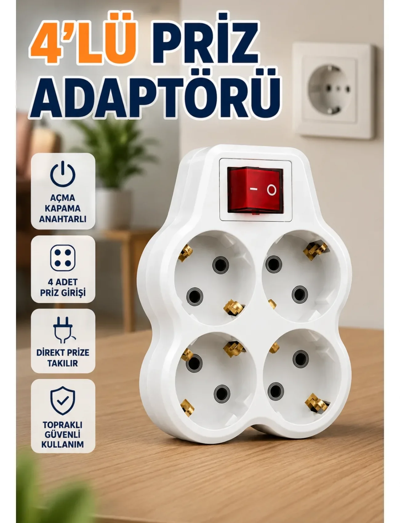Anahtarlı 4’lü Priz Adaptörü Direkt Prize Takılan Kompakt Priz Çoklayıcı