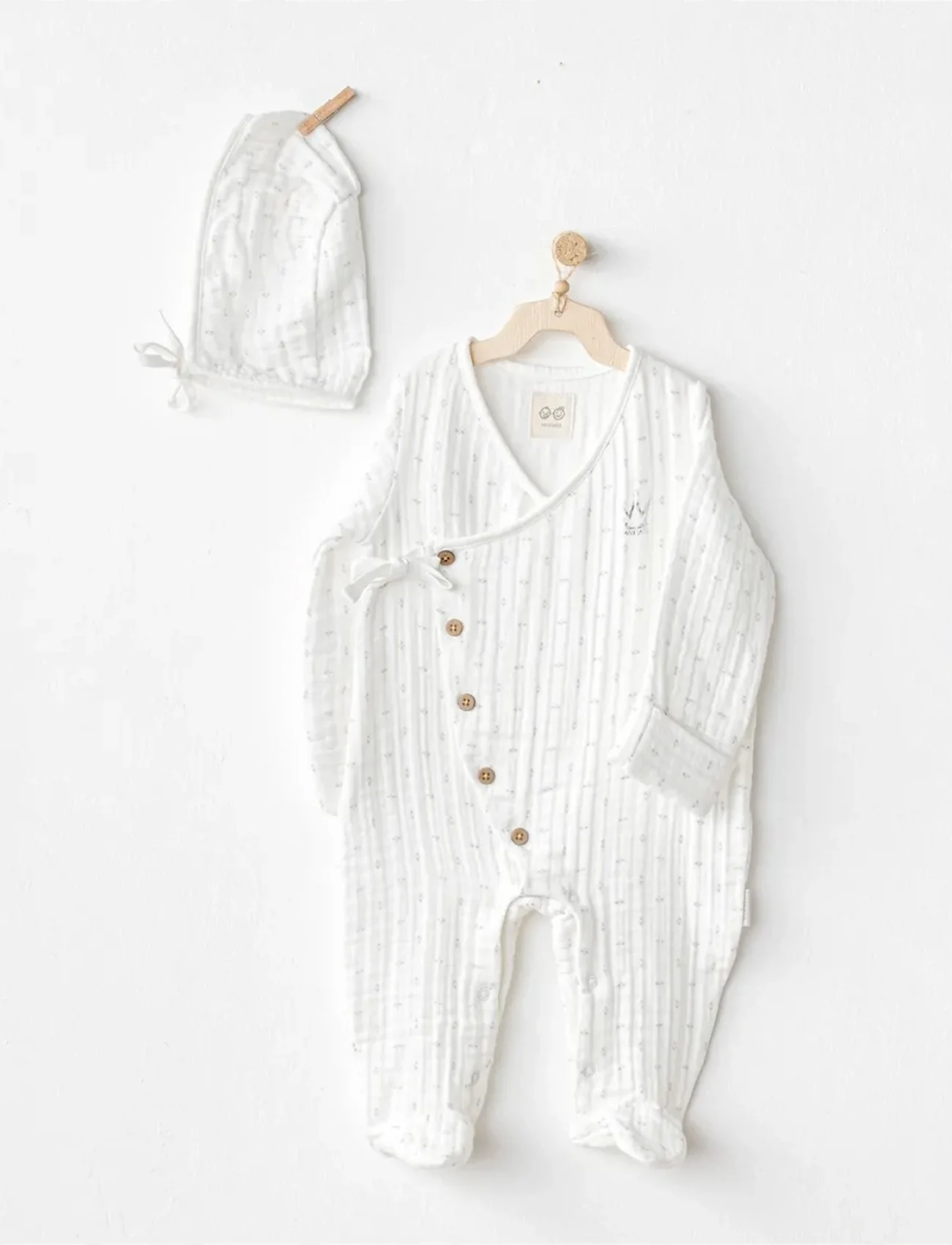 Andywawa Ac24734 Romper Hat Müslin Wawa Boys Tulum Takım White