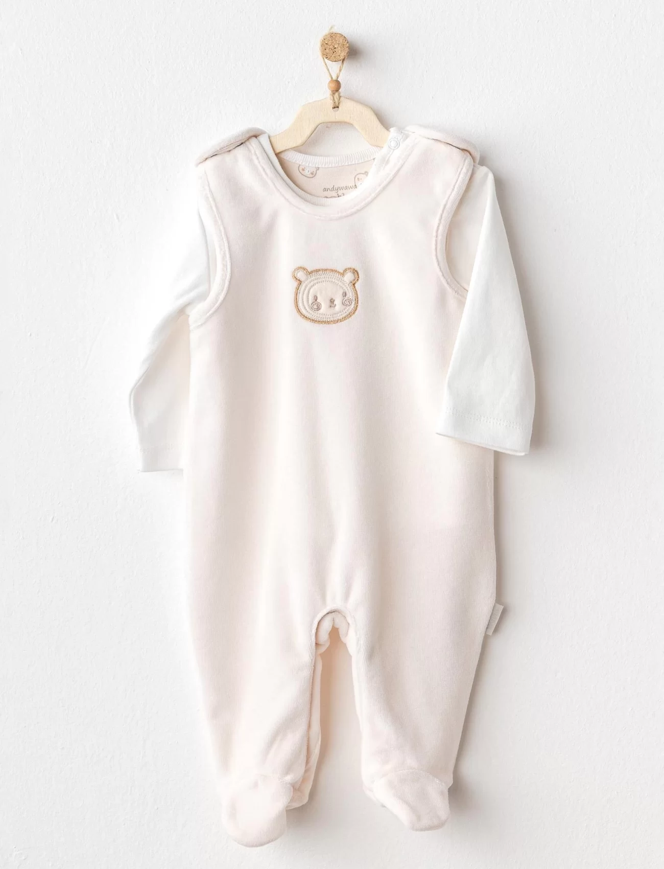 Andywawa AC25185 Bear Time Kadife Bebek Tulum Takım Ekru